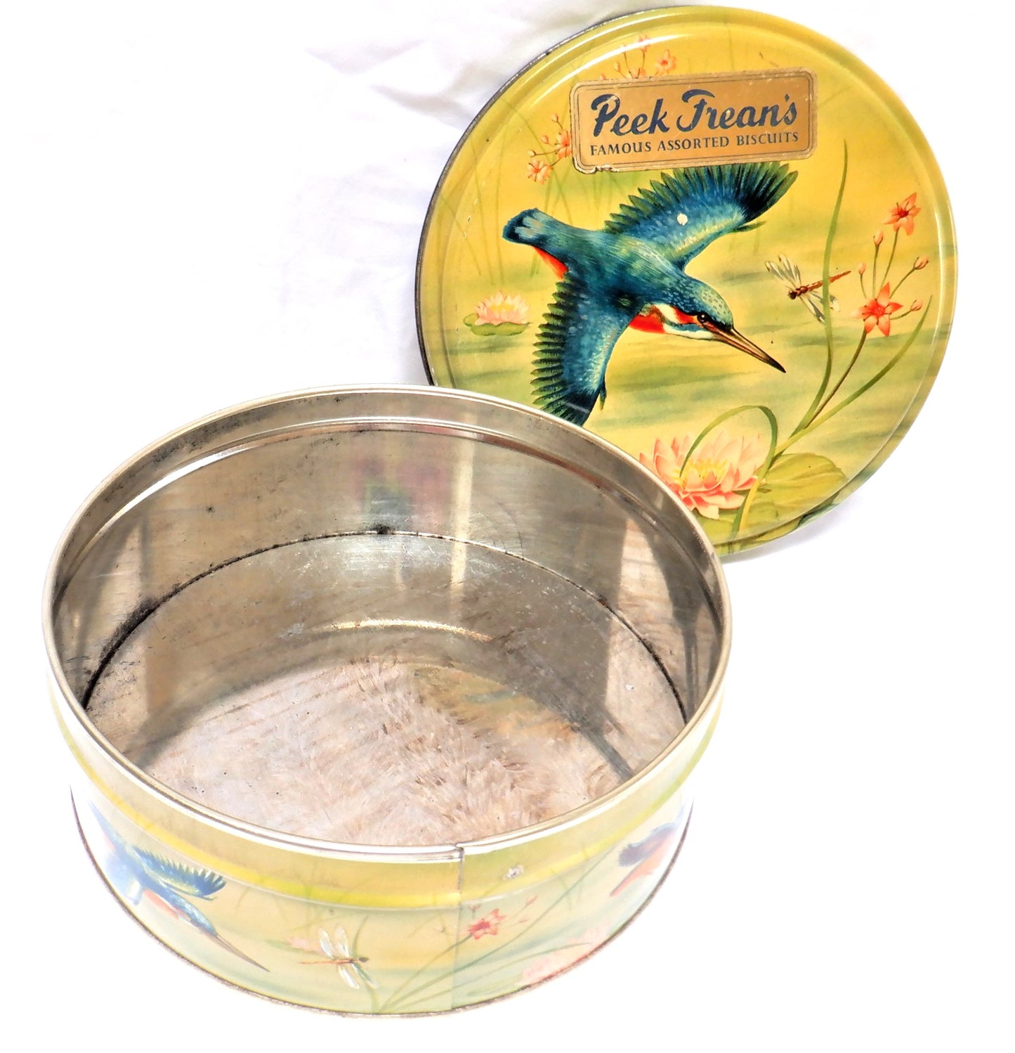 Vintage Peek Frean's Famous Assorted Biscuits Tin Can Container: THE BLUE KINGFISHER!