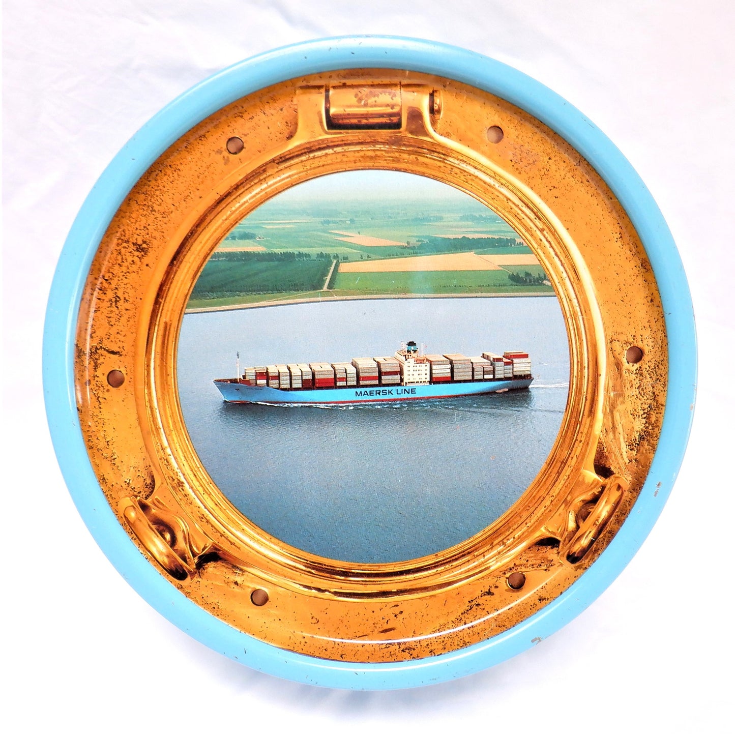 Vintage Tin Can Container, 'PORT HOLE VIEW OF A MAERSK LINE FREIGHTER', by Kjeldsens Danish Cookies, Denmark