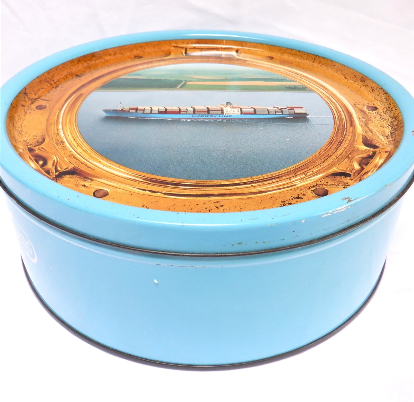 Vintage Tin Can Container, 'PORT HOLE VIEW OF A MAERSK LINE FREIGHTER', by Kjeldsens Danish Cookies, Denmark