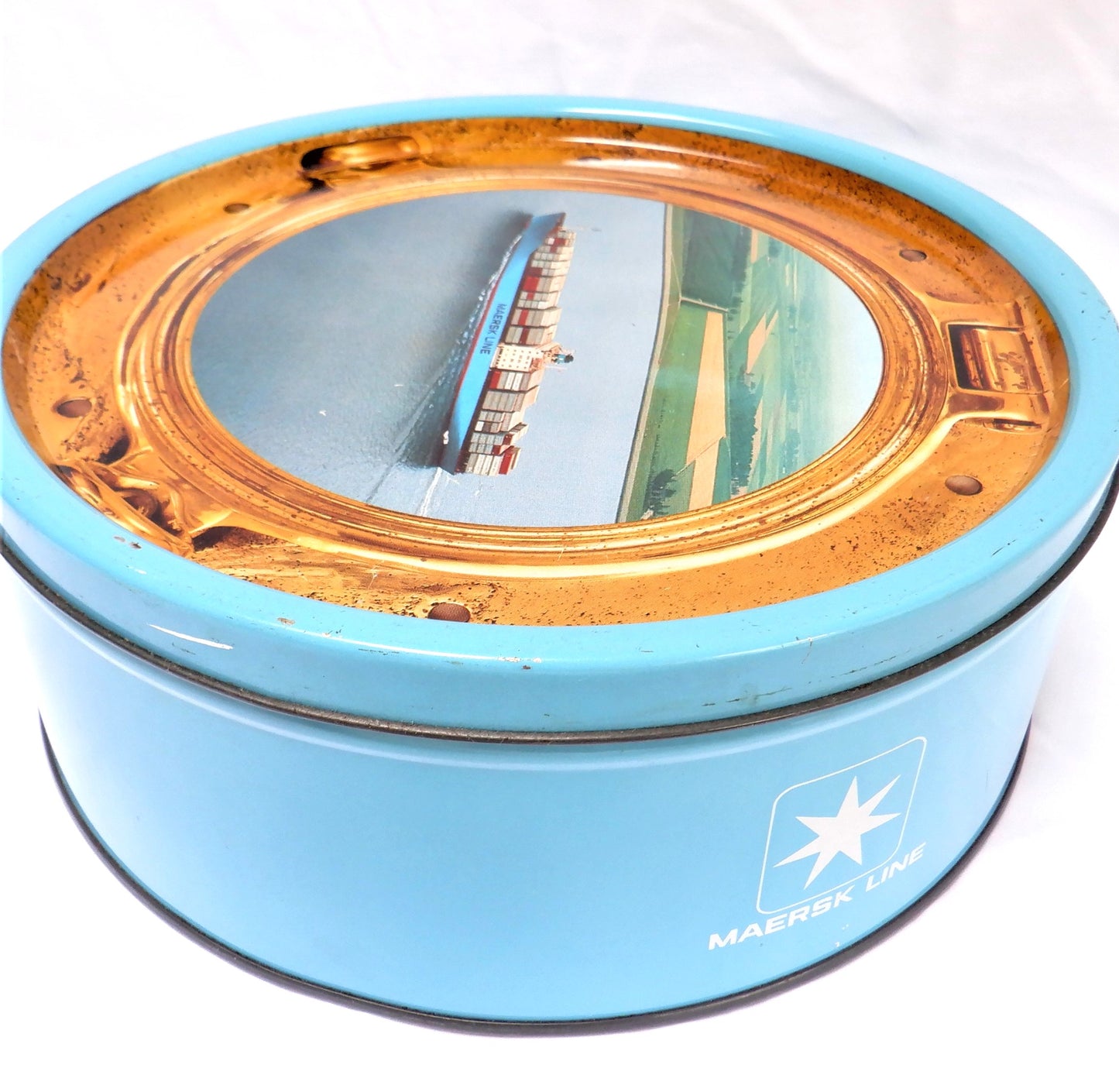 Vintage Tin Can Container, 'PORT HOLE VIEW OF A MAERSK LINE FREIGHTER', by Kjeldsens Danish Cookies, Denmark