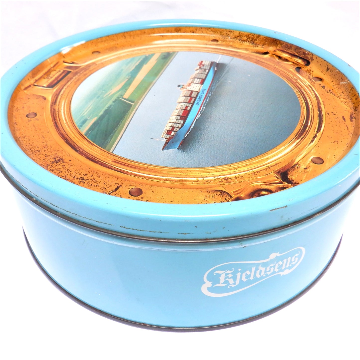 Vintage Tin Can Container, 'PORT HOLE VIEW OF A MAERSK LINE FREIGHTER', by Kjeldsens Danish Cookies, Denmark