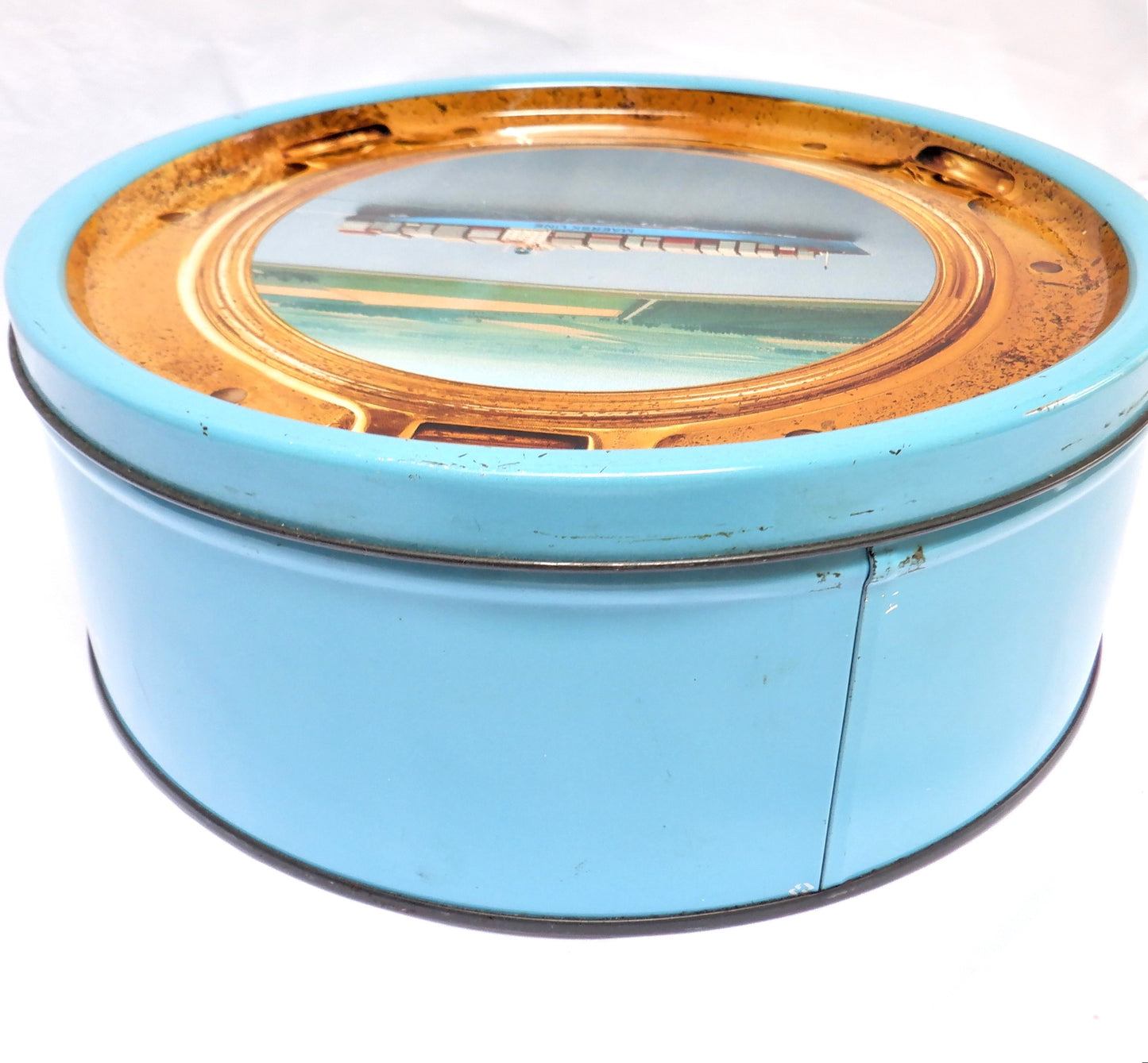 Vintage Tin Can Container, 'PORT HOLE VIEW OF A MAERSK LINE FREIGHTER', by Kjeldsens Danish Cookies, Denmark