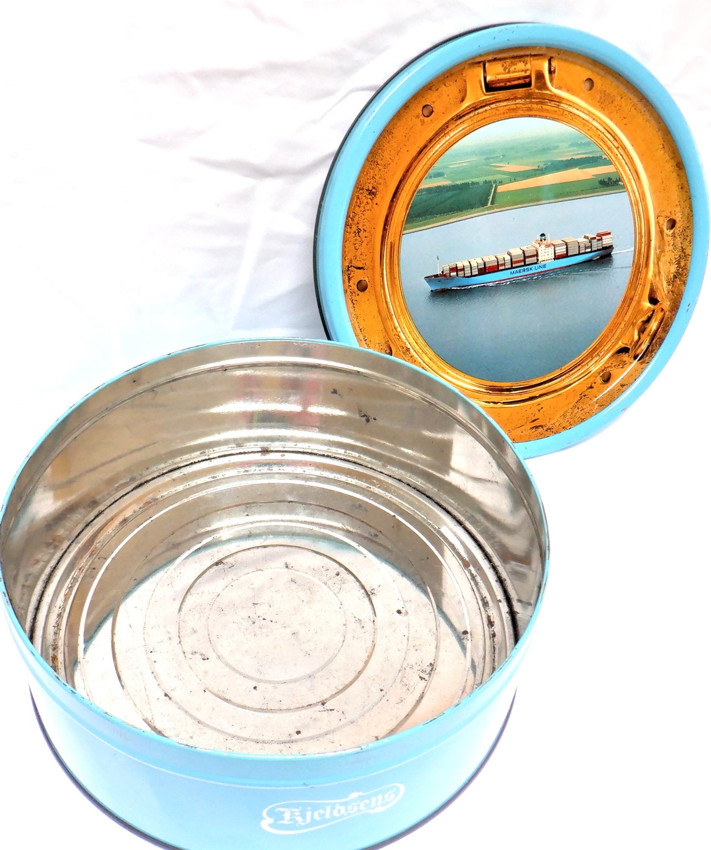 Vintage Tin Can Container, 'PORT HOLE VIEW OF A MAERSK LINE FREIGHTER', by Kjeldsens Danish Cookies, Denmark