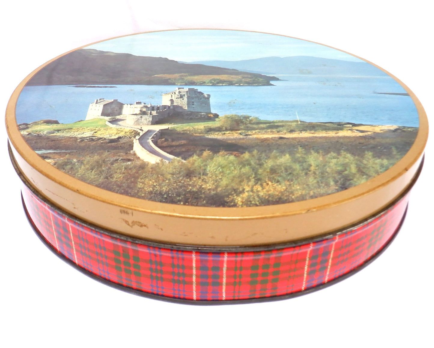 Vintage Large Round Cookie Tin Container: 'SCOTTISH HIGHLANDS AND CASTLE'