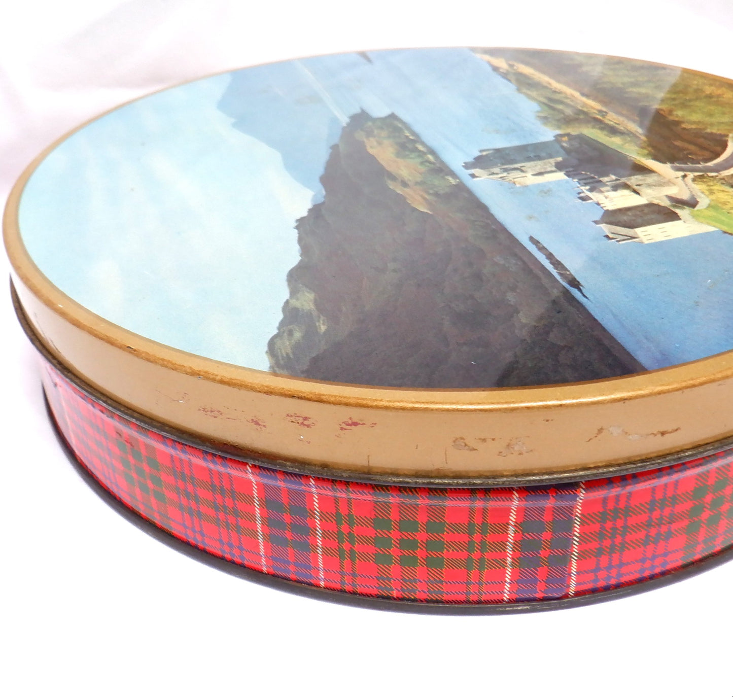 Vintage Large Round Cookie Tin Container: 'SCOTTISH HIGHLANDS AND CASTLE'