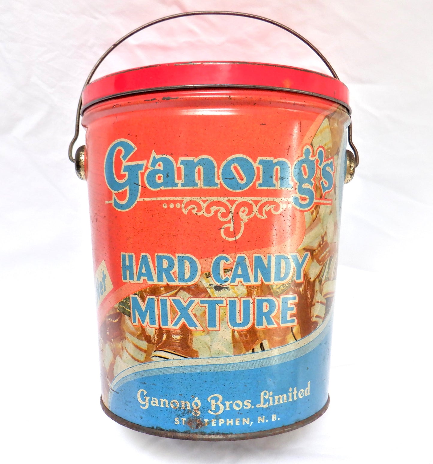 Antique Tin Pail with Original Lid & Wire Handle: 'GANONG'S HARD CANDY MIXTURE' of St. Stephen, New Brunswick!
