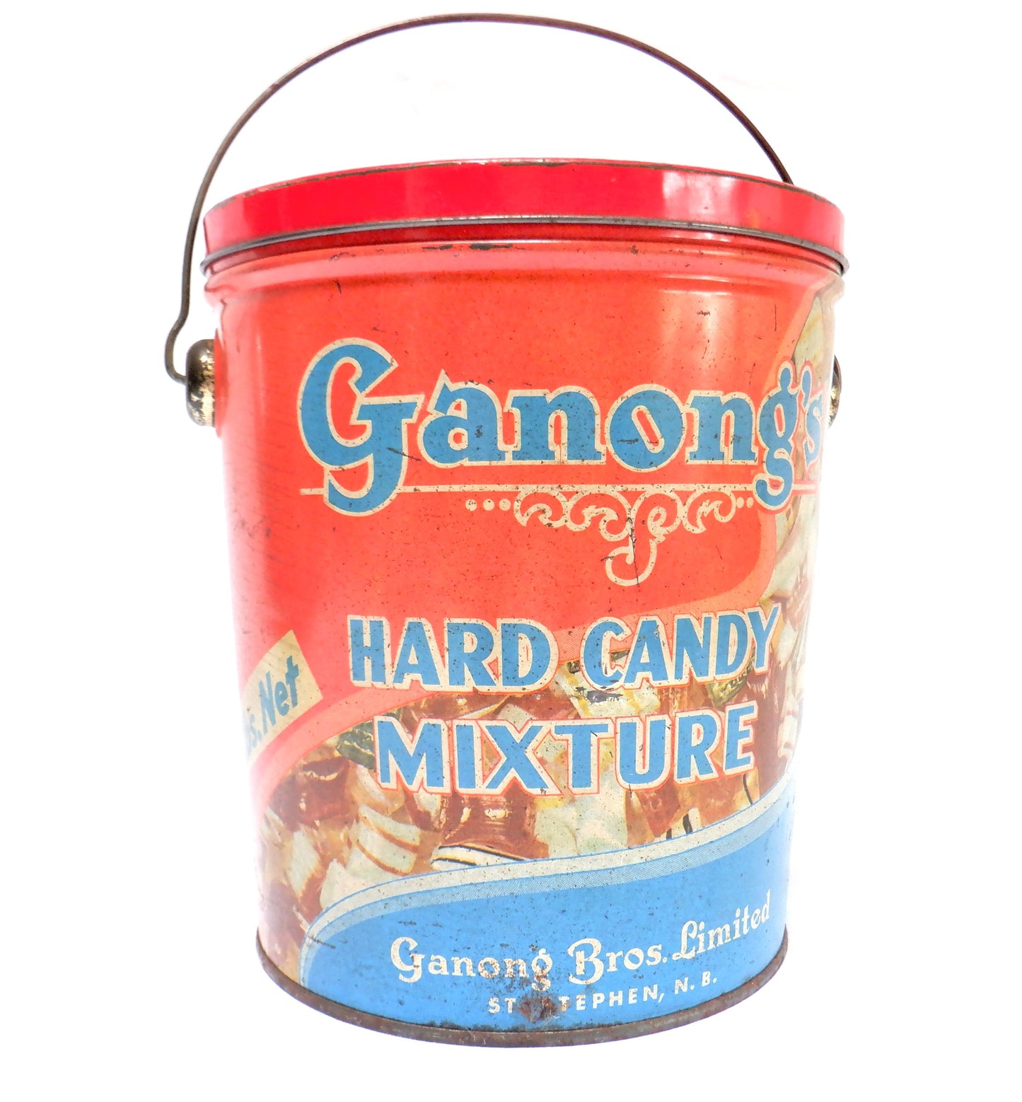 Antique Tin Pail with Original Lid & Wire Handle: 'GANONG'S HARD CANDY MIXTURE' of St. Stephen, New Brunswick!