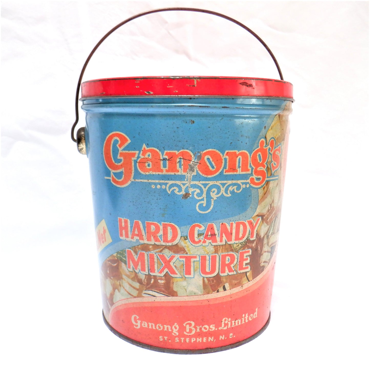 Antique Tin Pail with Original Lid & Wire Handle: 'GANONG'S HARD CANDY MIXTURE' of St. Stephen, New Brunswick!