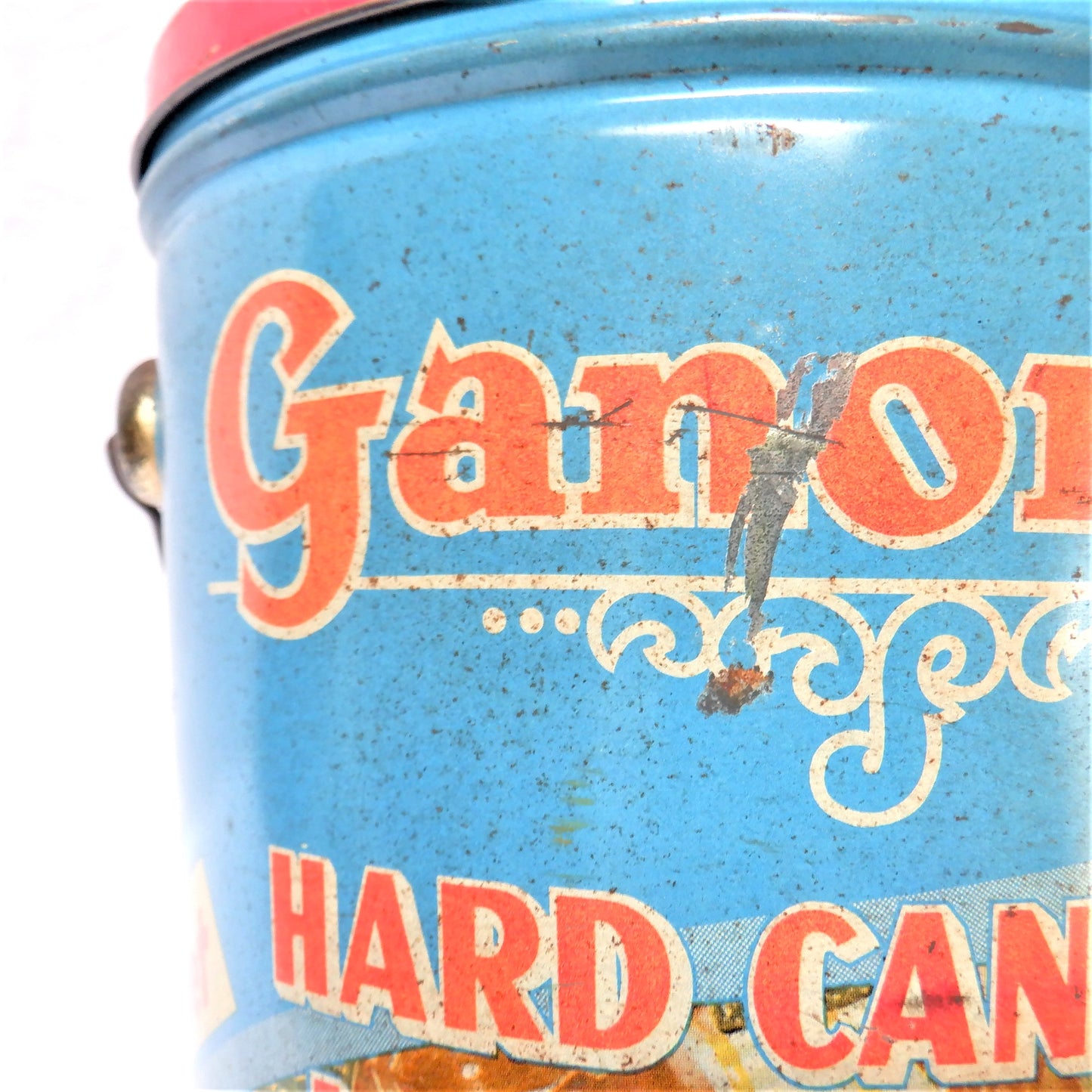 Antique Tin Pail with Original Lid & Wire Handle: 'GANONG'S HARD CANDY MIXTURE' of St. Stephen, New Brunswick!