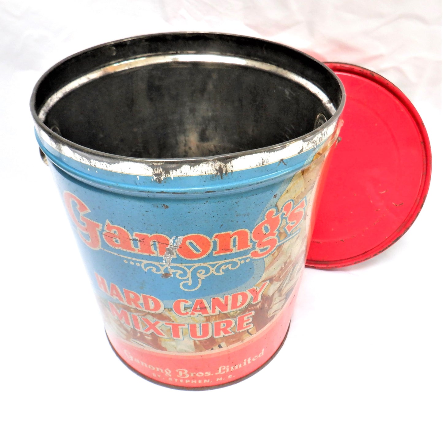 Antique Tin Pail with Original Lid & Wire Handle: 'GANONG'S HARD CANDY MIXTURE' of St. Stephen, New Brunswick!