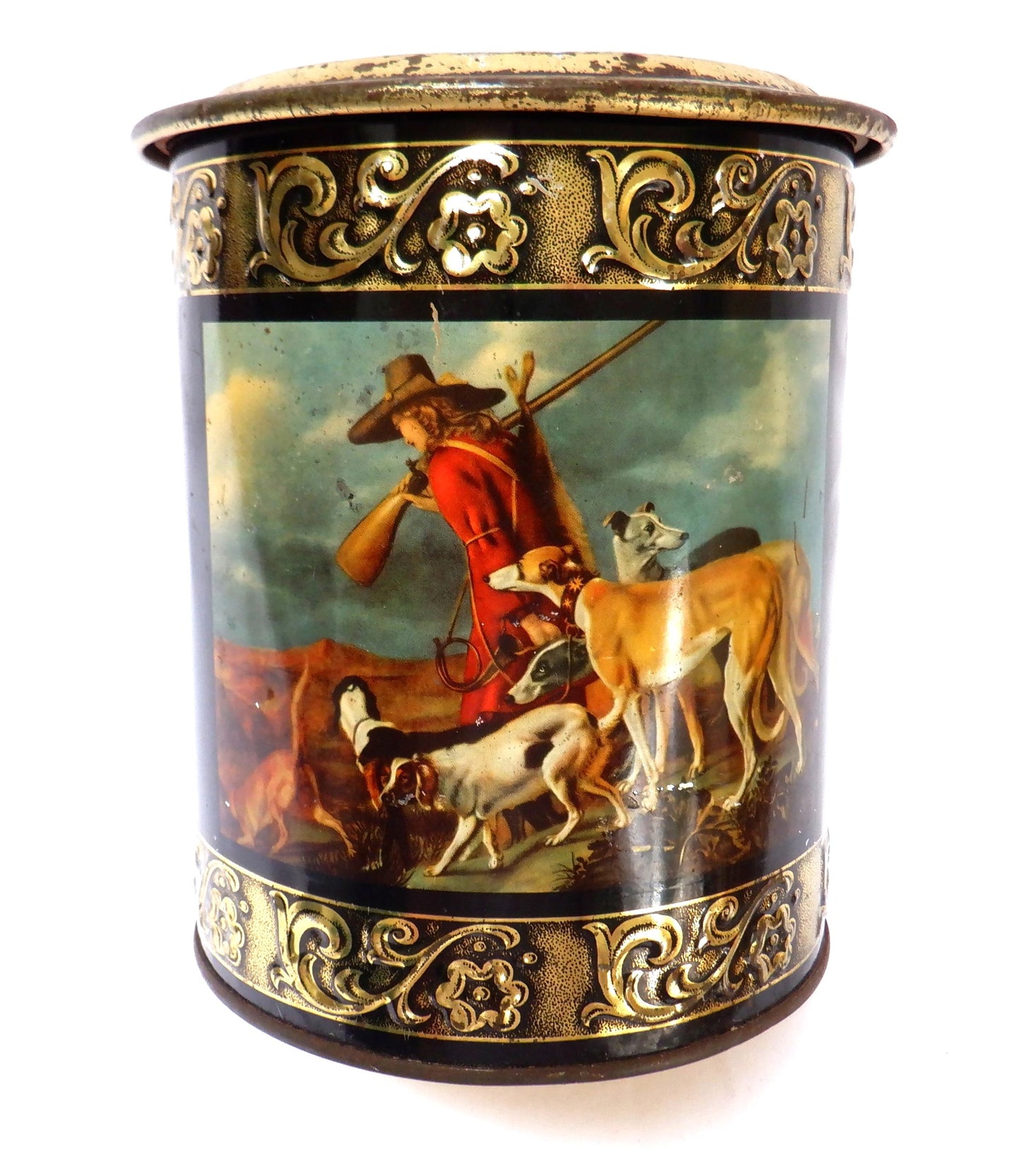 Round Vintage Tin with Removable Top: 'HUNTER and HIS HOUNDS'