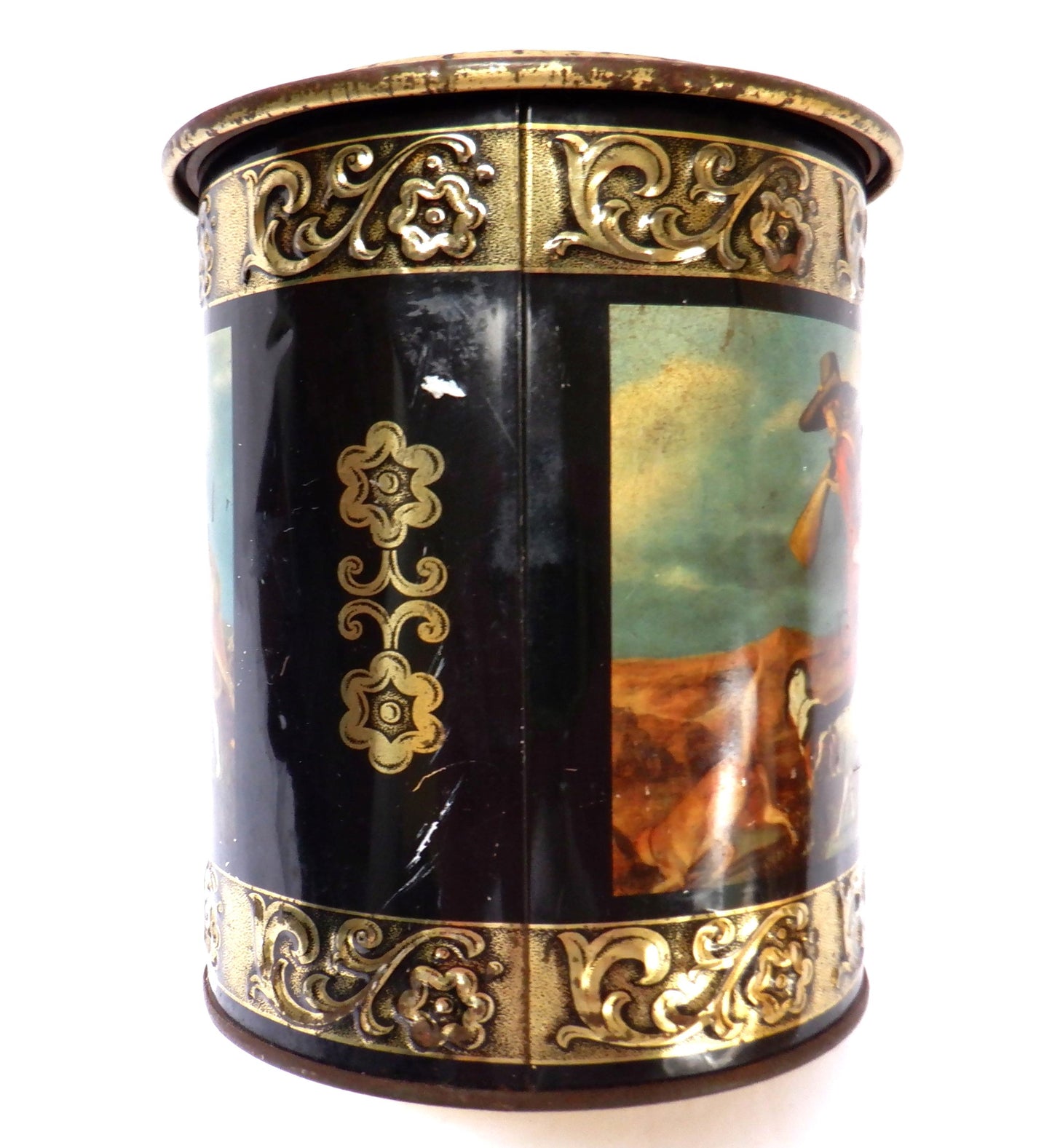 Round Vintage Tin with Removable Top: 'HUNTER and HIS HOUNDS'