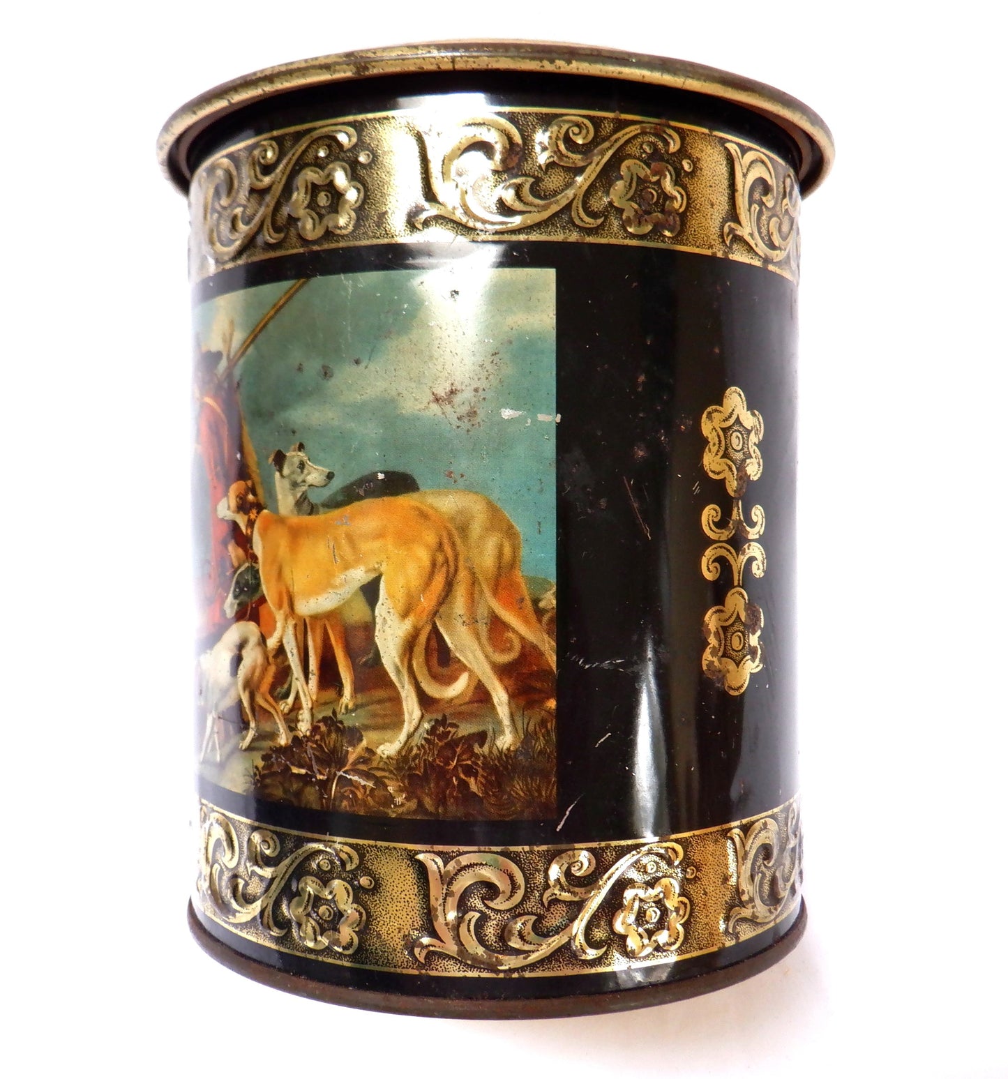 Round Vintage Tin with Removable Top: 'HUNTER and HIS HOUNDS'