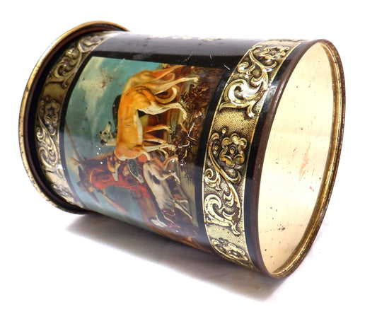 Round Vintage Tin with Removable Top: 'HUNTER and HIS HOUNDS'