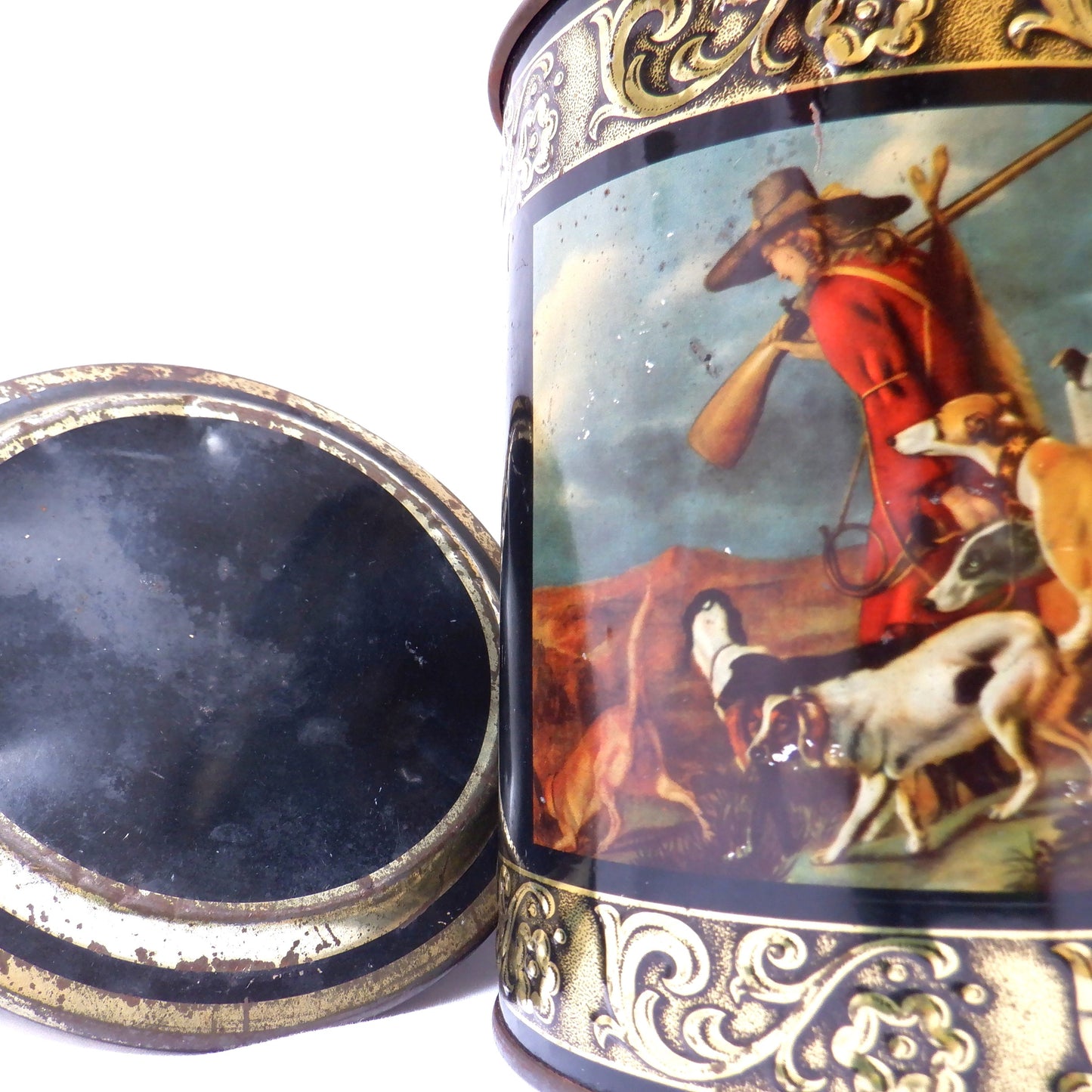 Round Vintage Tin with Removable Top: 'HUNTER and HIS HOUNDS'