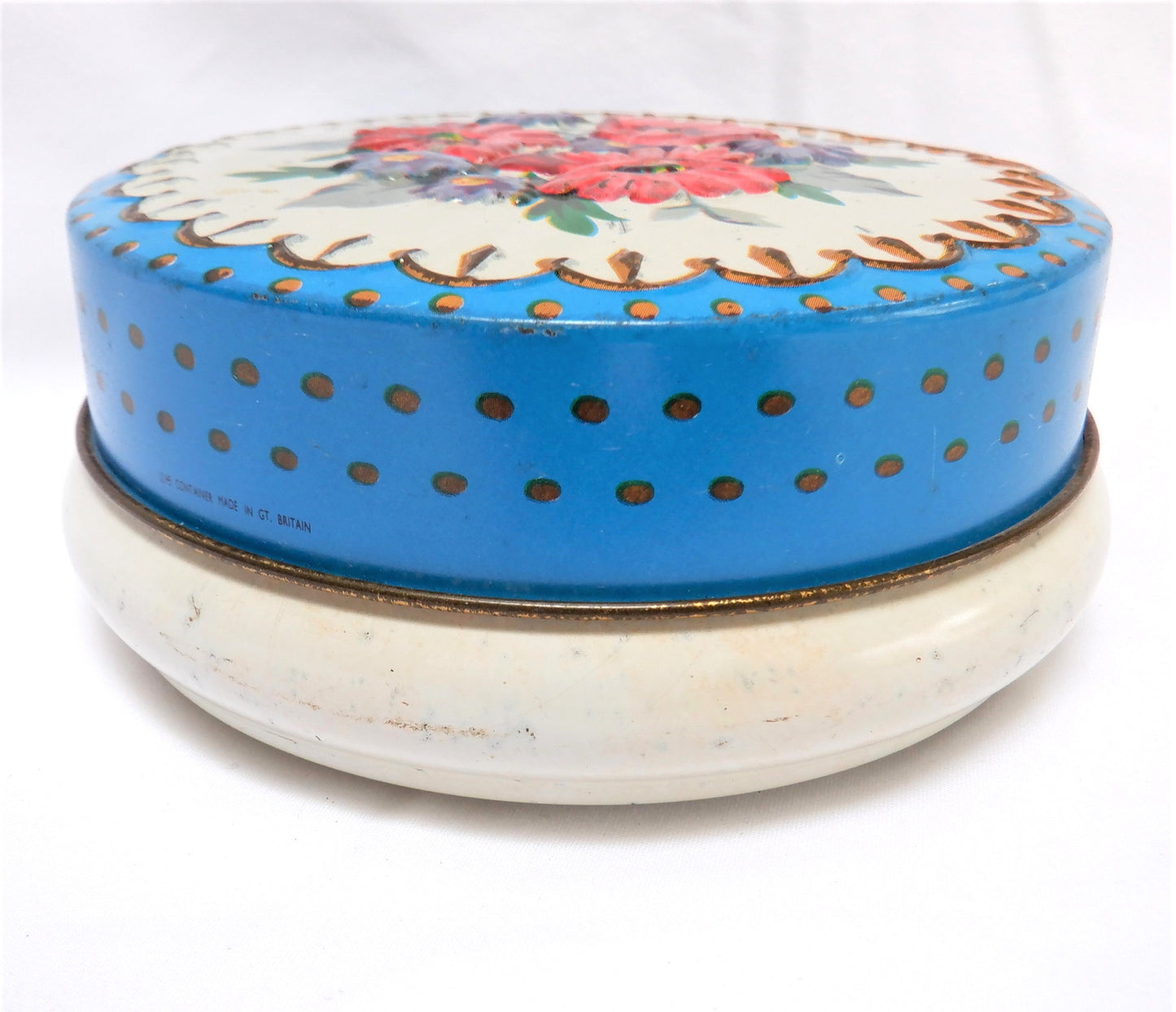 Vintage Round Tin Container by Riley's Toffee of England: 'RED & BLUE WILD FLOWERS'