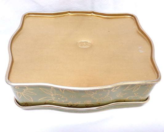 VINTAGE TIN CONTAINER with removable lid: 'Victorian Lady Gathering Garden Flowers'