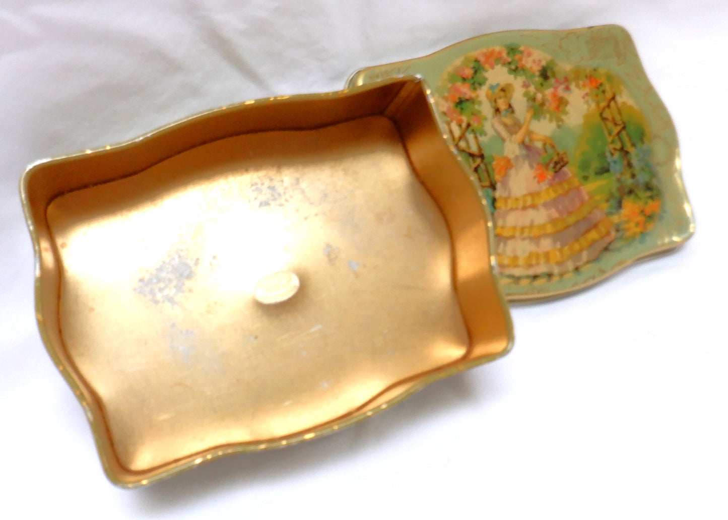 VINTAGE TIN CONTAINER with removable lid: 'Victorian Lady Gathering Garden Flowers'