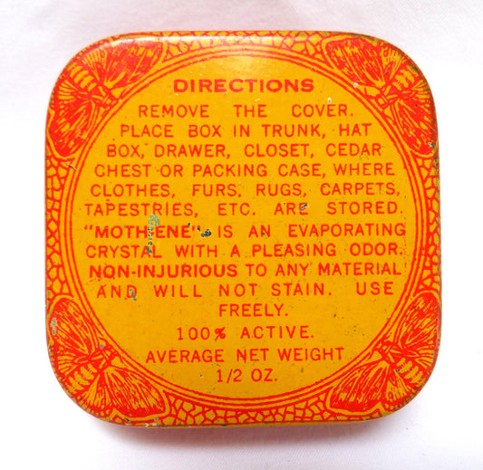 Vintage Tin Container by The Den-Wal Mfg. Company of Newwark, NJ: 'MOTH-ENE MOTH CRYSTALS'