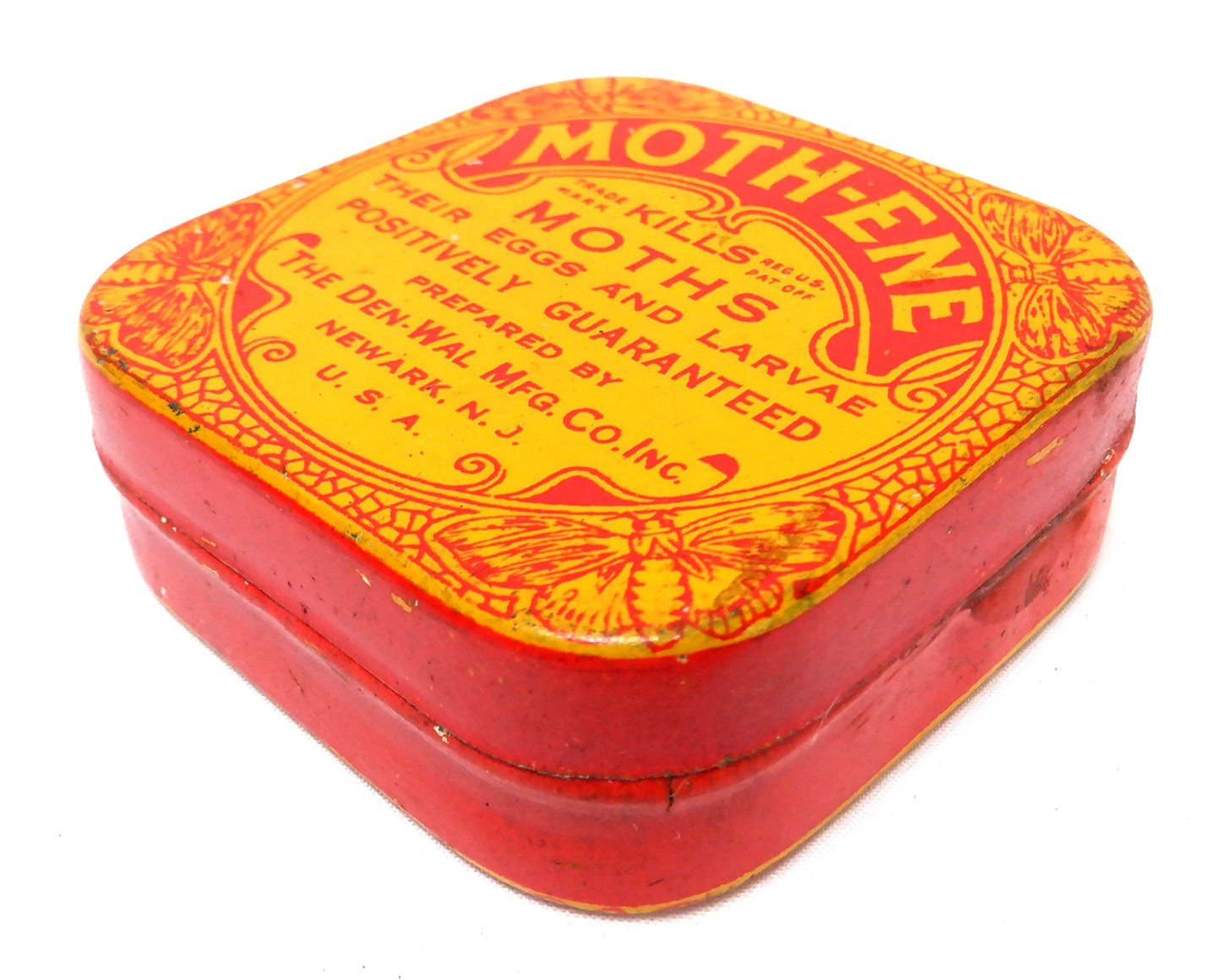 Vintage Tin Container by The Den-Wal Mfg. Company of Newwark, NJ: 'MOTH-ENE MOTH CRYSTALS'