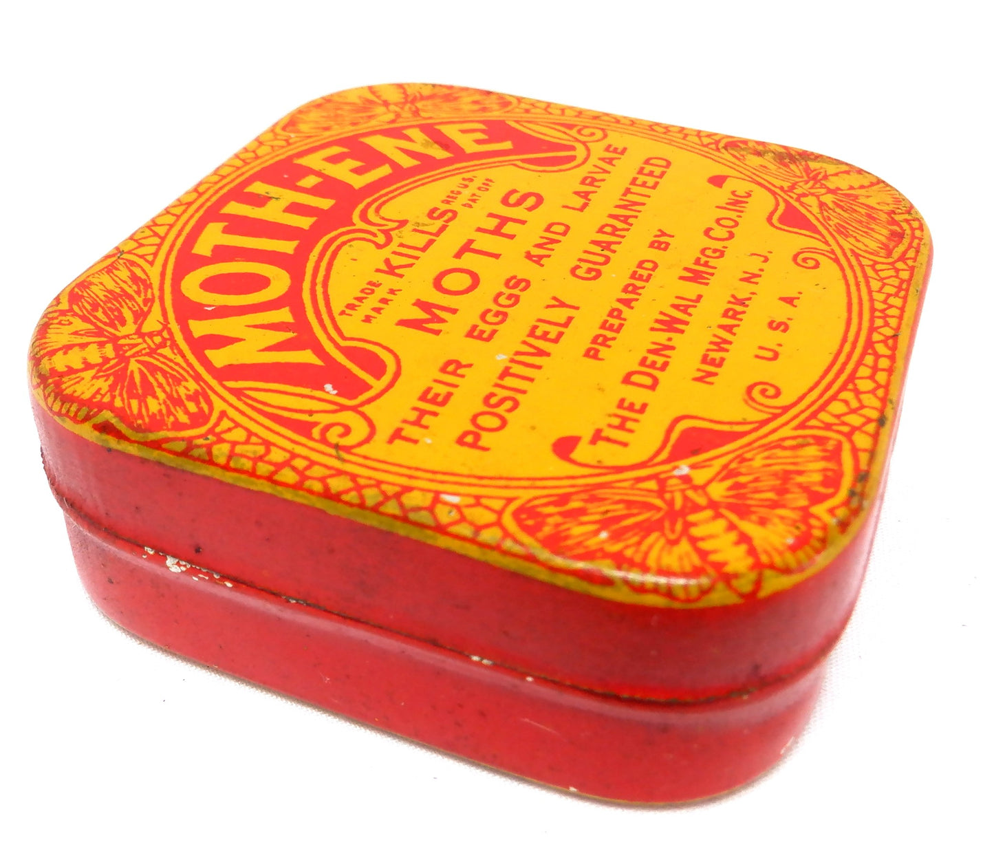 Vintage Tin Container by The Den-Wal Mfg. Company of Newwark, NJ: 'MOTH-ENE MOTH CRYSTALS'