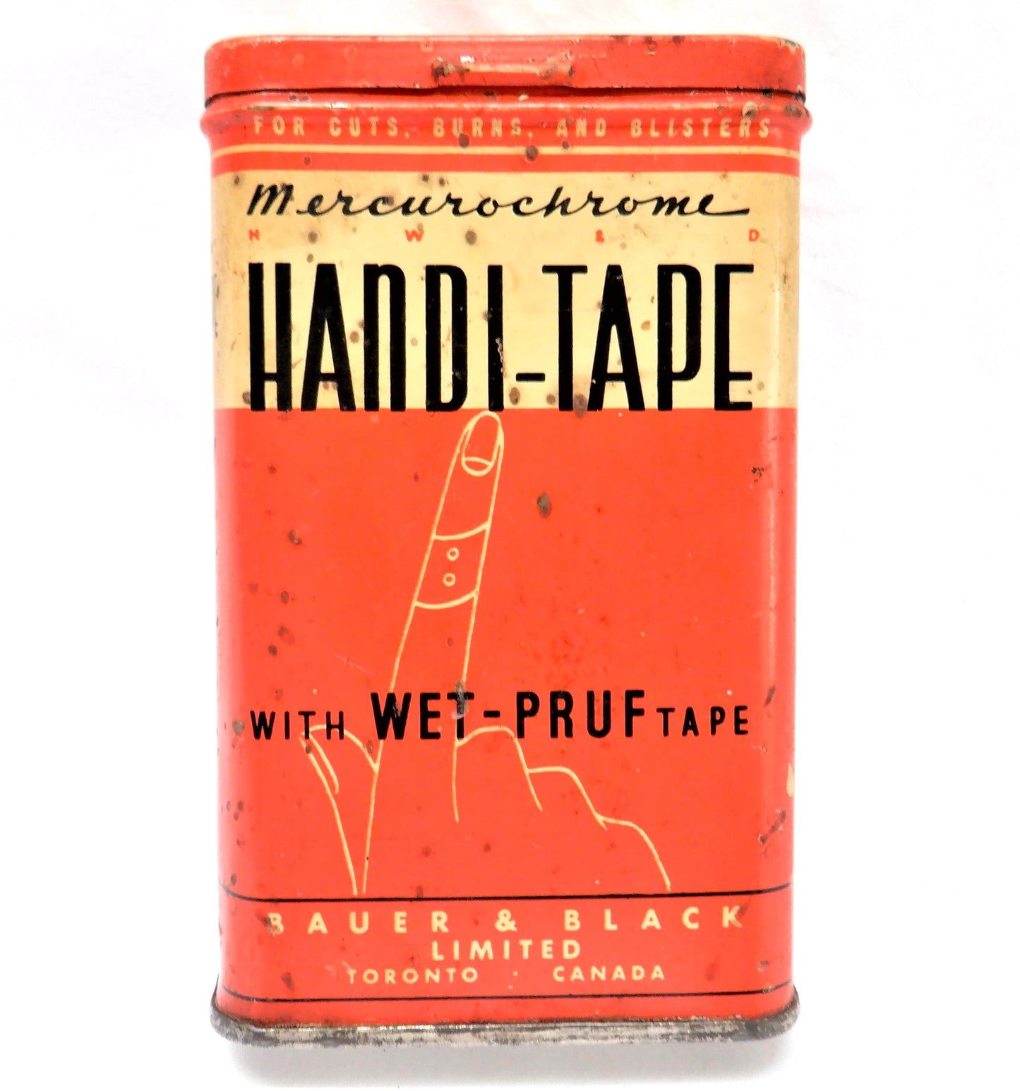 Vintage Medical Tin Container from BAUER & BLACK LIMITED, 'Mercurochrome Handi-Tape' TORONTO, CANADA