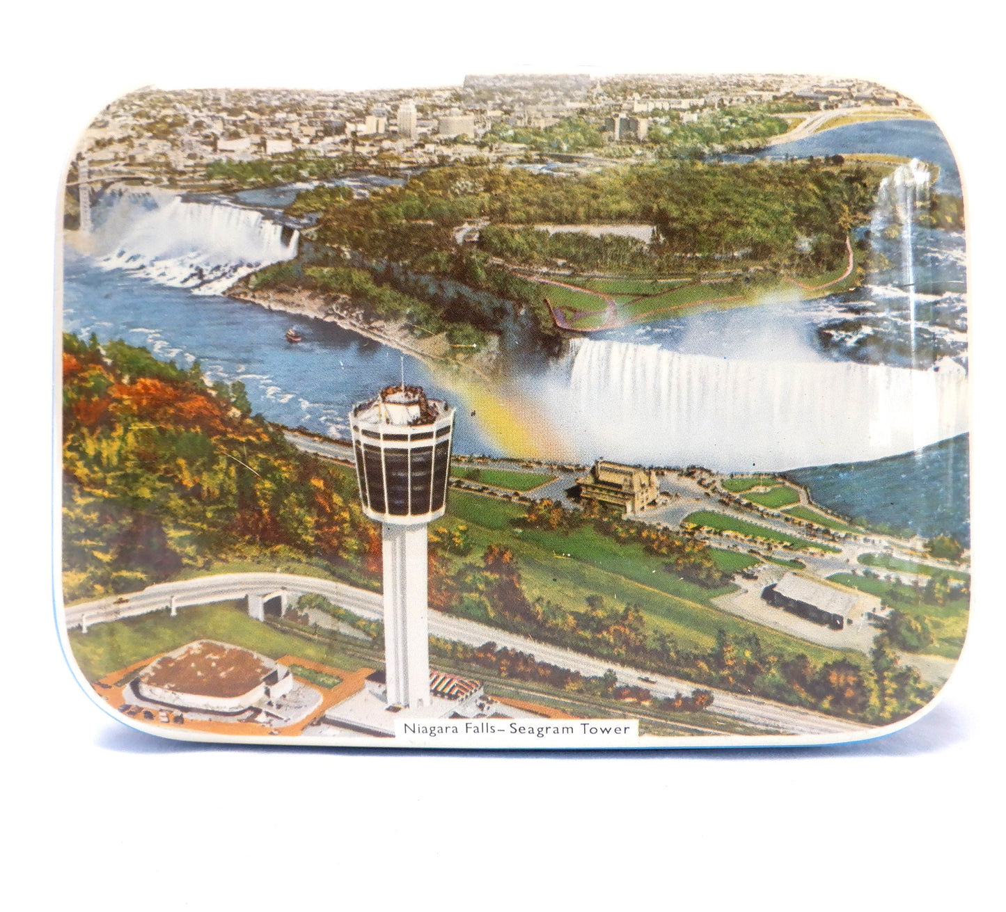 RILEY'S TOFFEE VINTAGE 1960's SOUVENIR TIN: 'Canadian Niagara Falls, Seagram Tower'