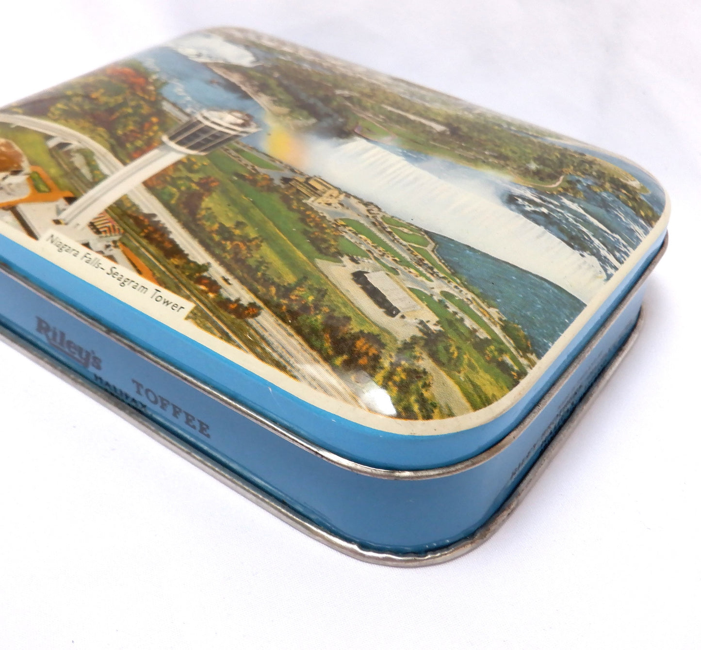 RILEY'S TOFFEE VINTAGE 1960's SOUVENIR TIN: 'Canadian Niagara Falls, Seagram Tower'