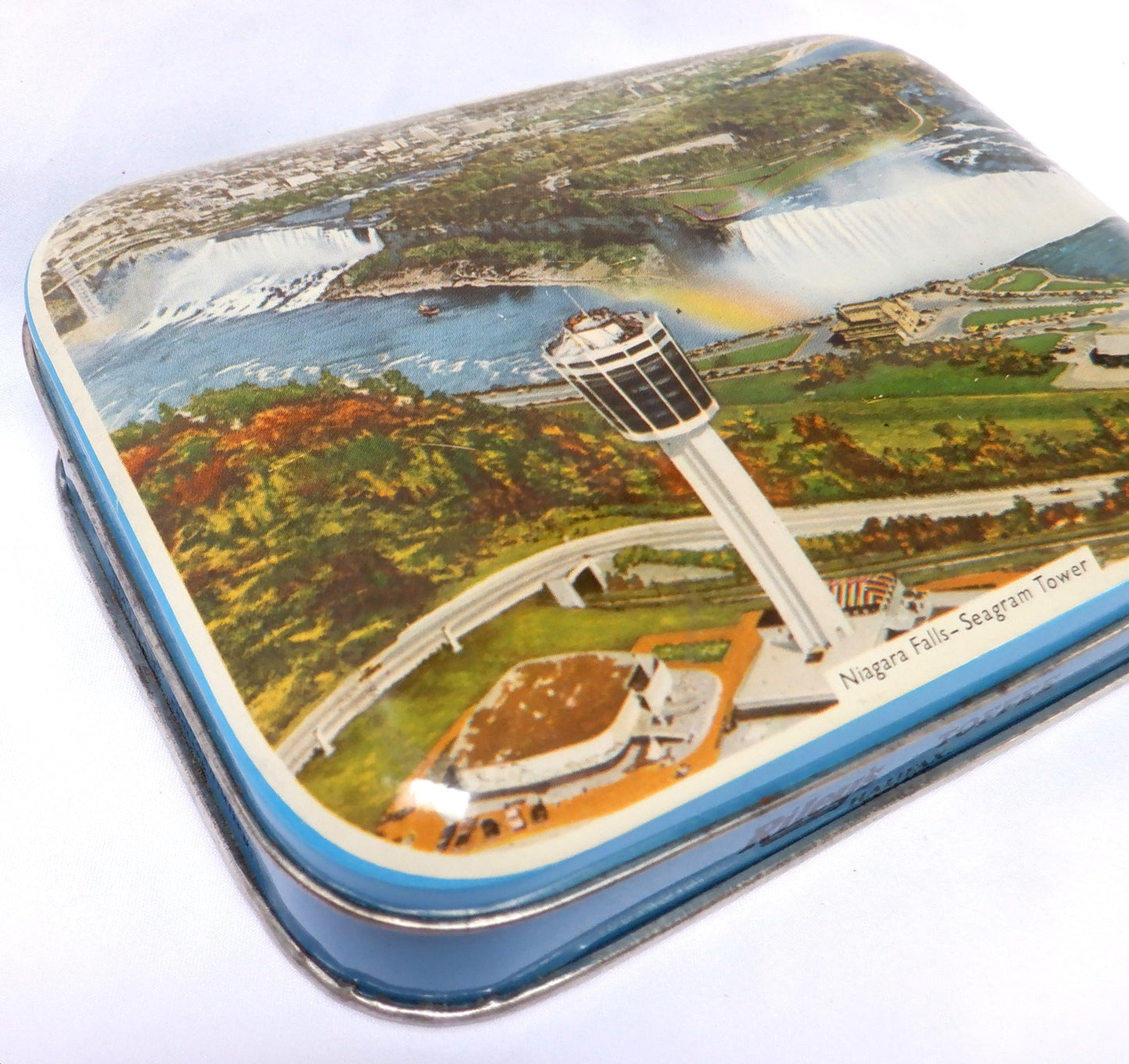 RILEY'S TOFFEE VINTAGE 1960's SOUVENIR TIN: 'Canadian Niagara Falls, Seagram Tower'