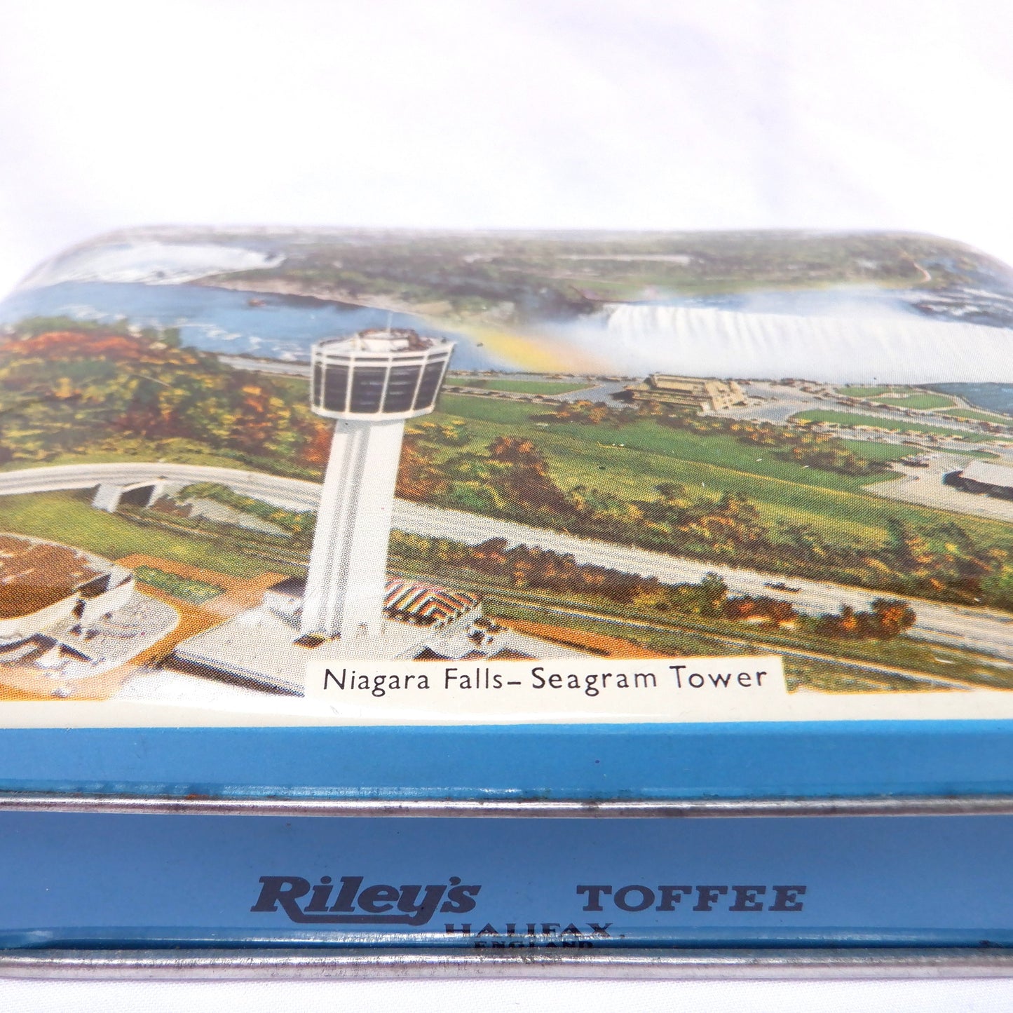 RILEY'S TOFFEE VINTAGE 1960's SOUVENIR TIN: 'Canadian Niagara Falls, Seagram Tower'