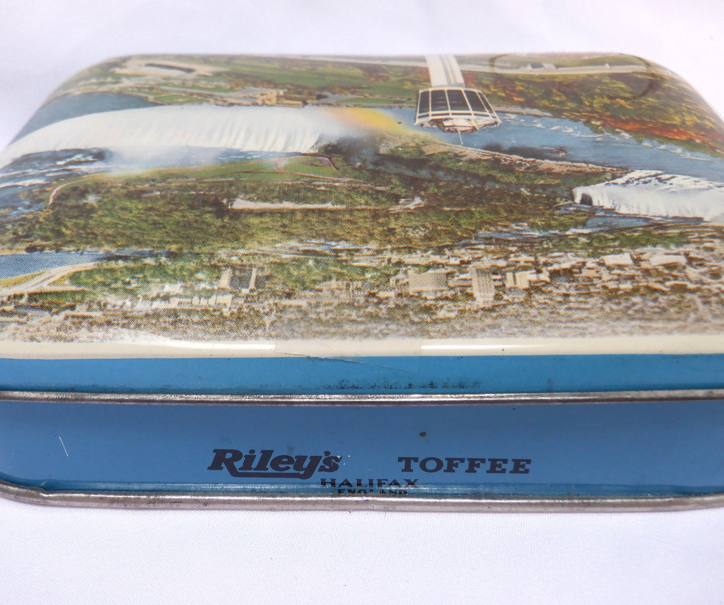 RILEY'S TOFFEE VINTAGE 1960's SOUVENIR TIN: 'Canadian Niagara Falls, Seagram Tower'