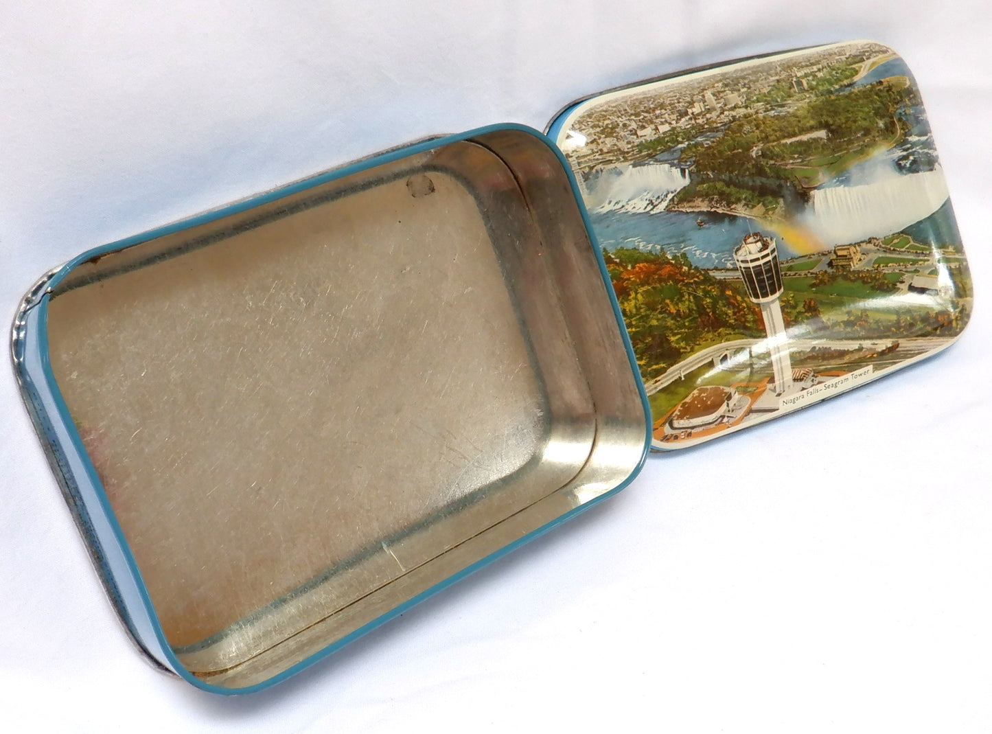 RILEY'S TOFFEE VINTAGE 1960's SOUVENIR TIN: 'Canadian Niagara Falls, Seagram Tower'