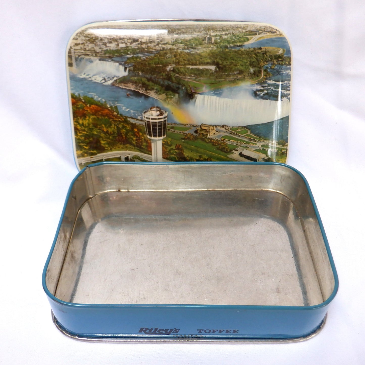 RILEY'S TOFFEE VINTAGE 1960's SOUVENIR TIN: 'Canadian Niagara Falls, Seagram Tower'