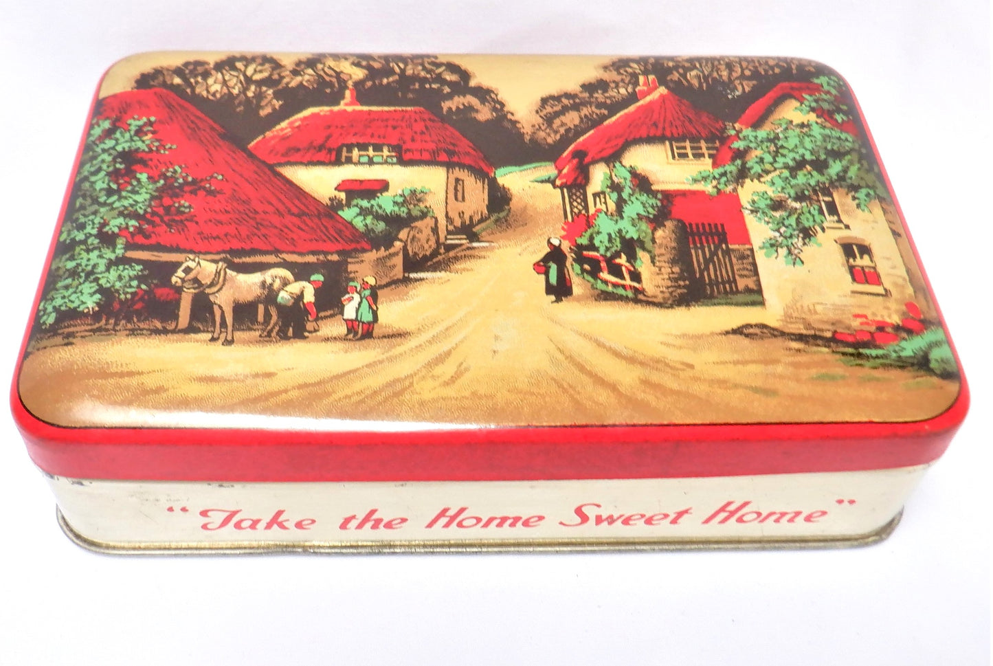 Vintage Tin Container By BLUE BIRD TOFFEE: Thatched Roof Village #1
