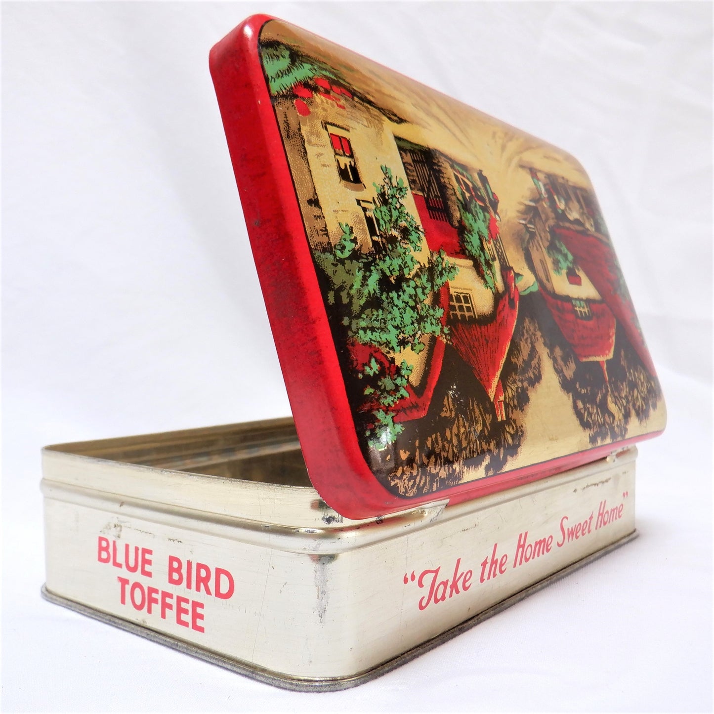 Vintage Tin Container By BLUE BIRD TOFFEE: Thatched Roof Village #1