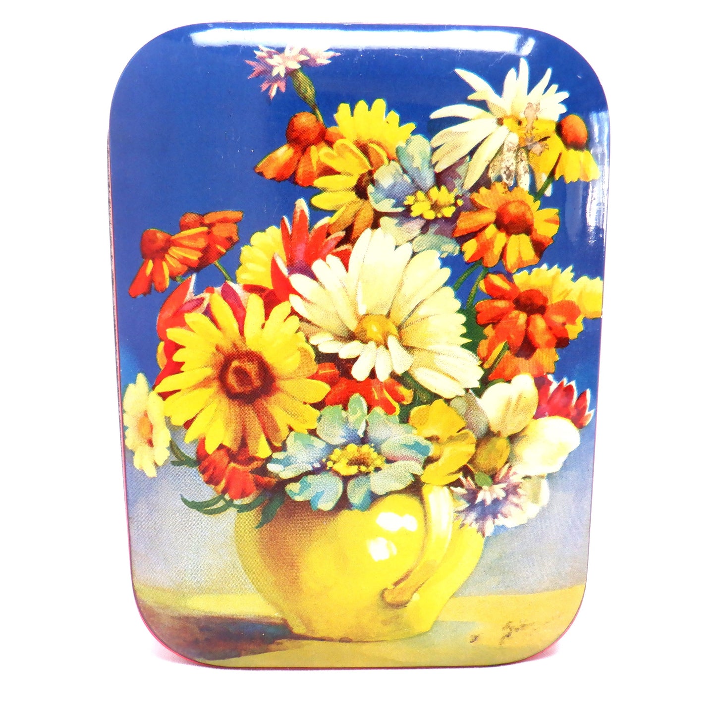 Vintage Tin Container by M.A. CRAVEN & SON LIMITED OF YORK, ENGLAND: 'Yellow Vase Wild Flowers'