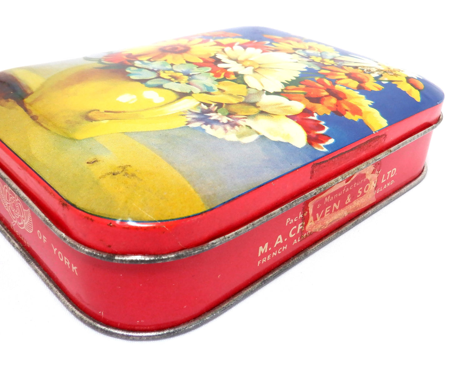 Vintage Tin Container by M.A. CRAVEN & SON LIMITED OF YORK, ENGLAND: 'Yellow Vase Wild Flowers'
