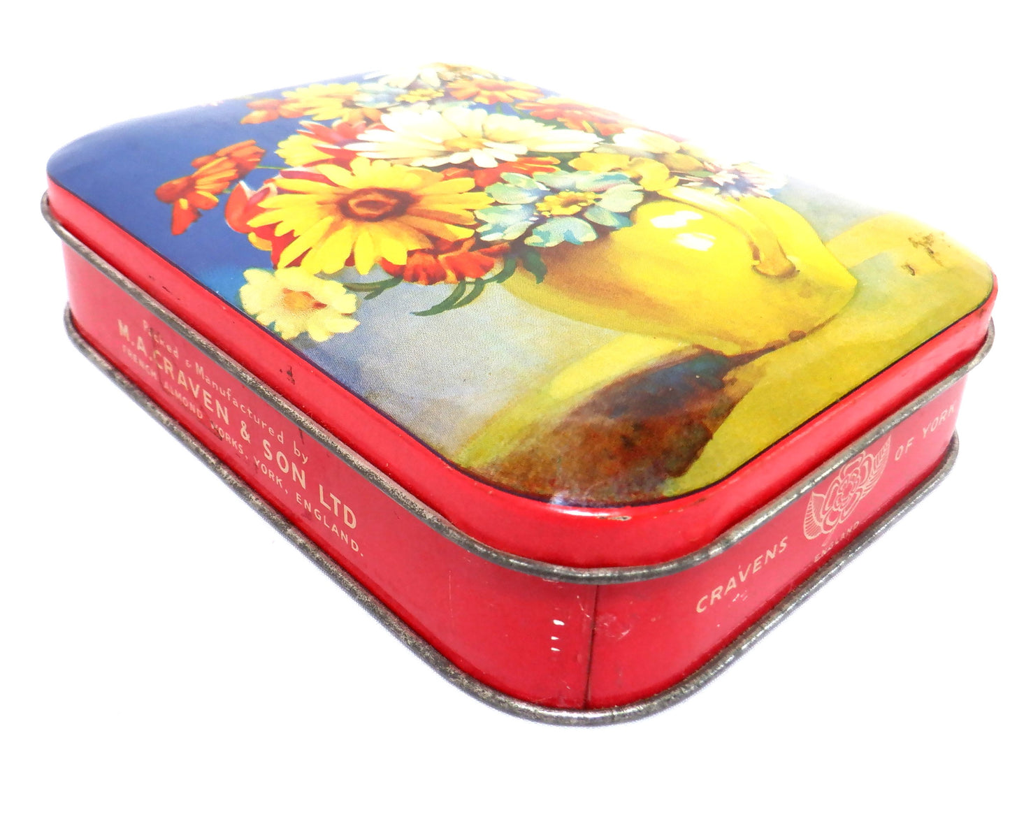 Vintage Tin Container by M.A. CRAVEN & SON LIMITED OF YORK, ENGLAND: 'Yellow Vase Wild Flowers'