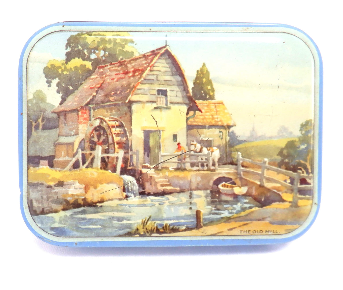 ANTIQUE Tin Container by Blue Bird Toffee Company: 'THE OLD MILL'