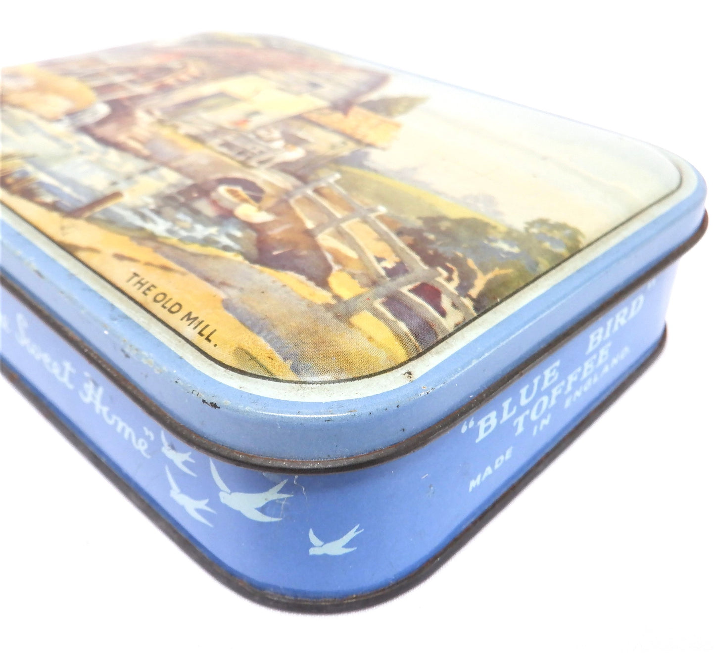 ANTIQUE Tin Container by Blue Bird Toffee Company: 'THE OLD MILL'