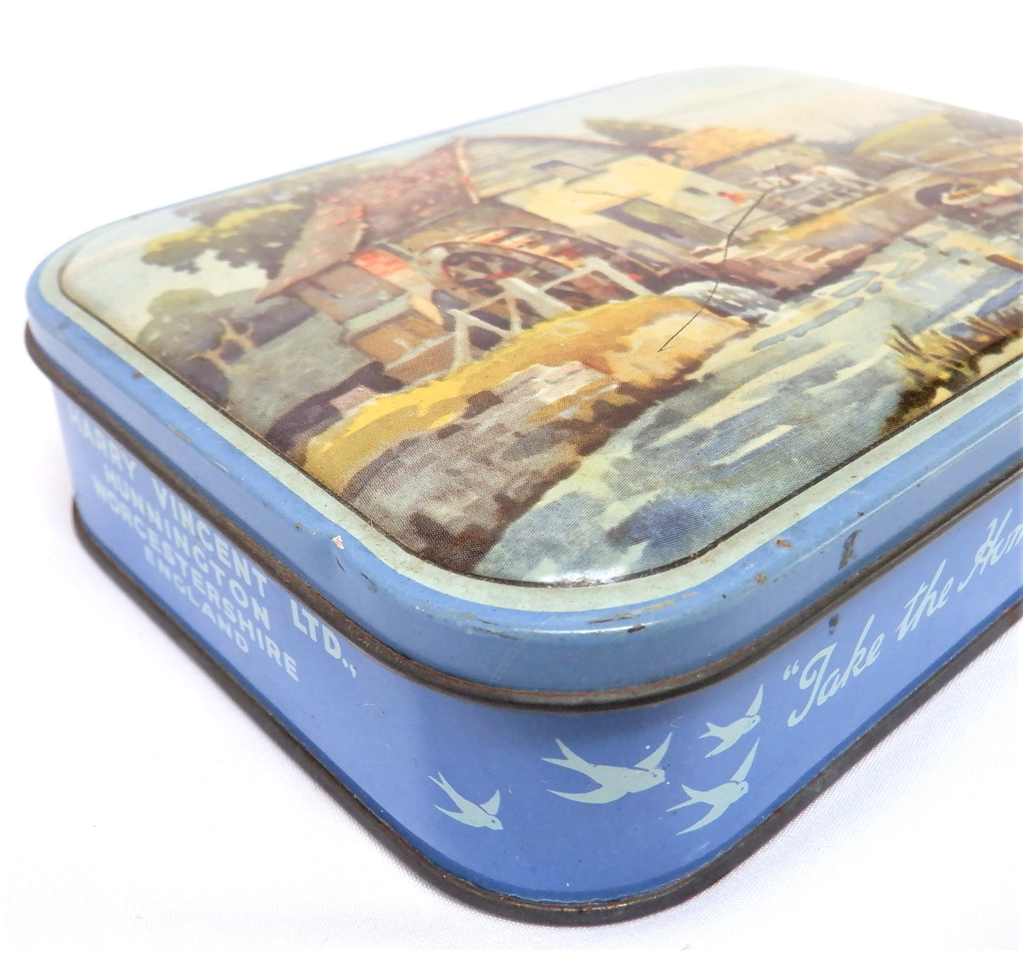 ANTIQUE Tin Container by Blue Bird Toffee Company: 'THE OLD MILL'