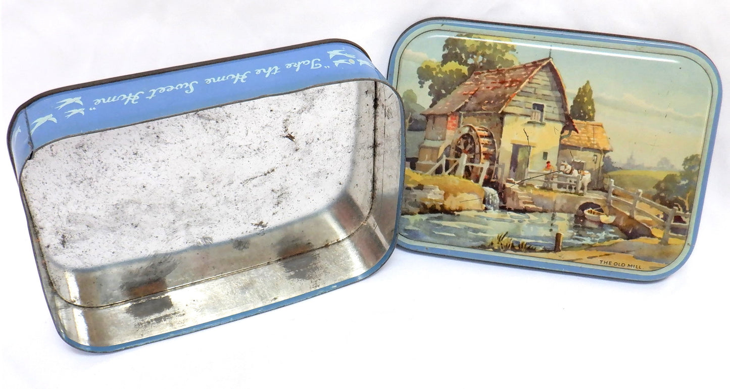 ANTIQUE Tin Container by Blue Bird Toffee Company: 'THE OLD MILL'