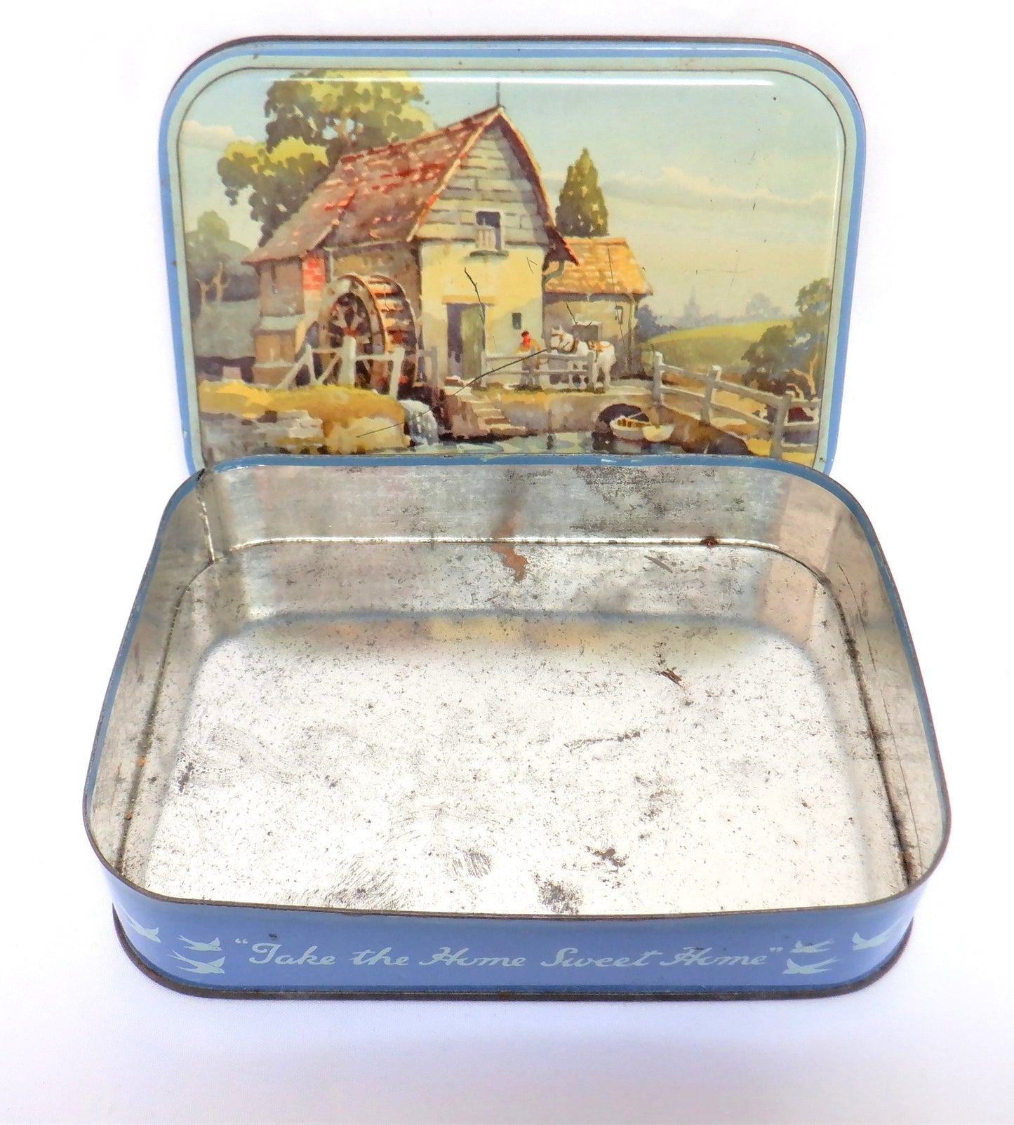 ANTIQUE Tin Container by Blue Bird Toffee Company: 'THE OLD MILL'