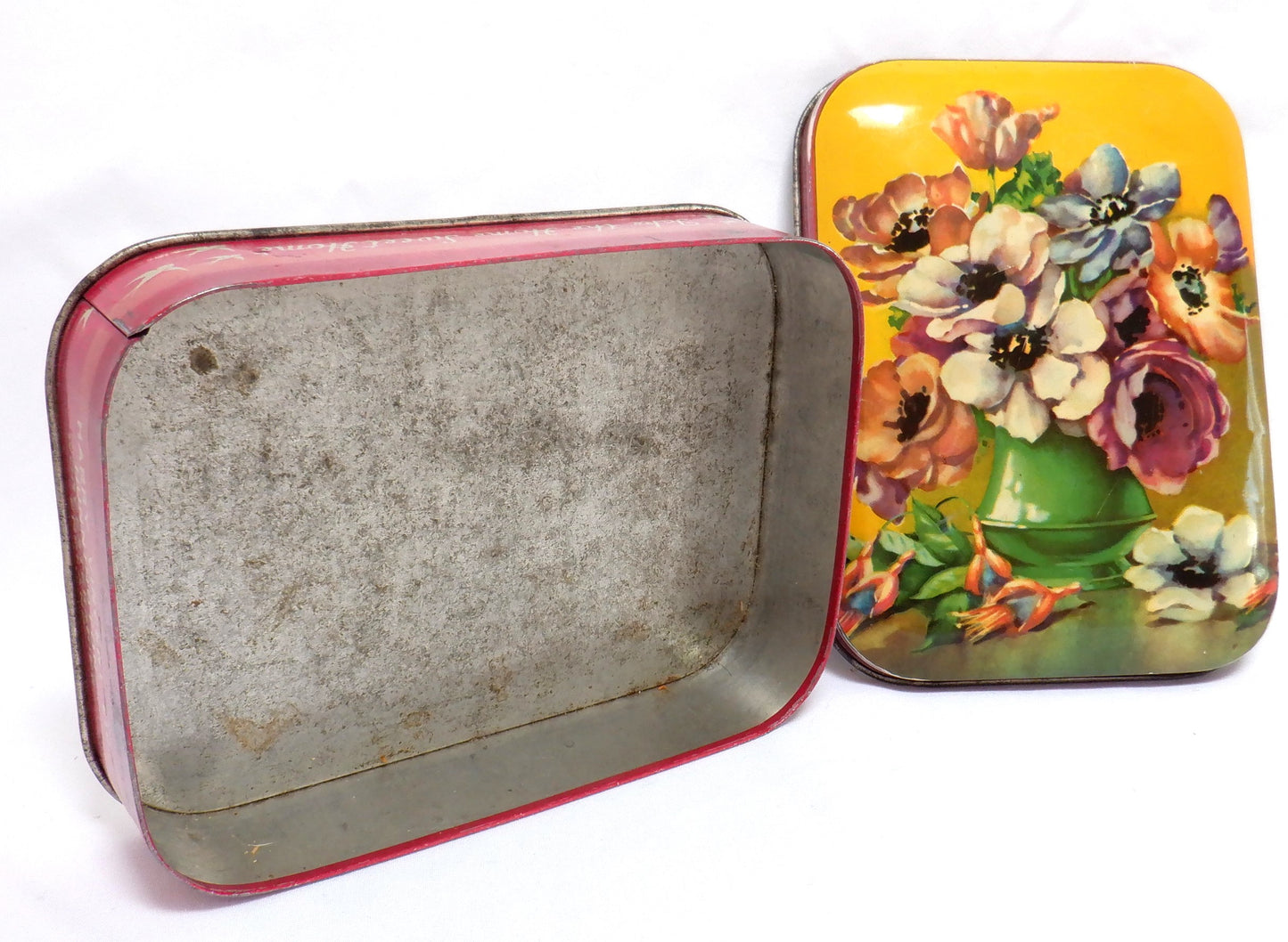 BLUE BIRD TOFFEE ANTIQUE TIN: "Green Vase & Flowers" #1