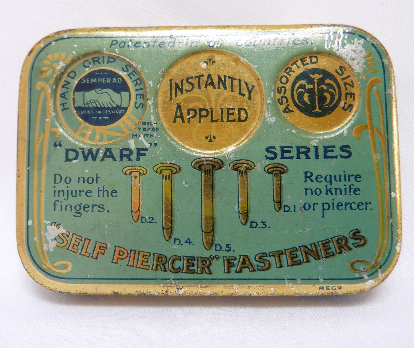 Antique Tin Container: 'The Dwarf Series', SELF PIERCER PAPER FASTENERS, with original contents!