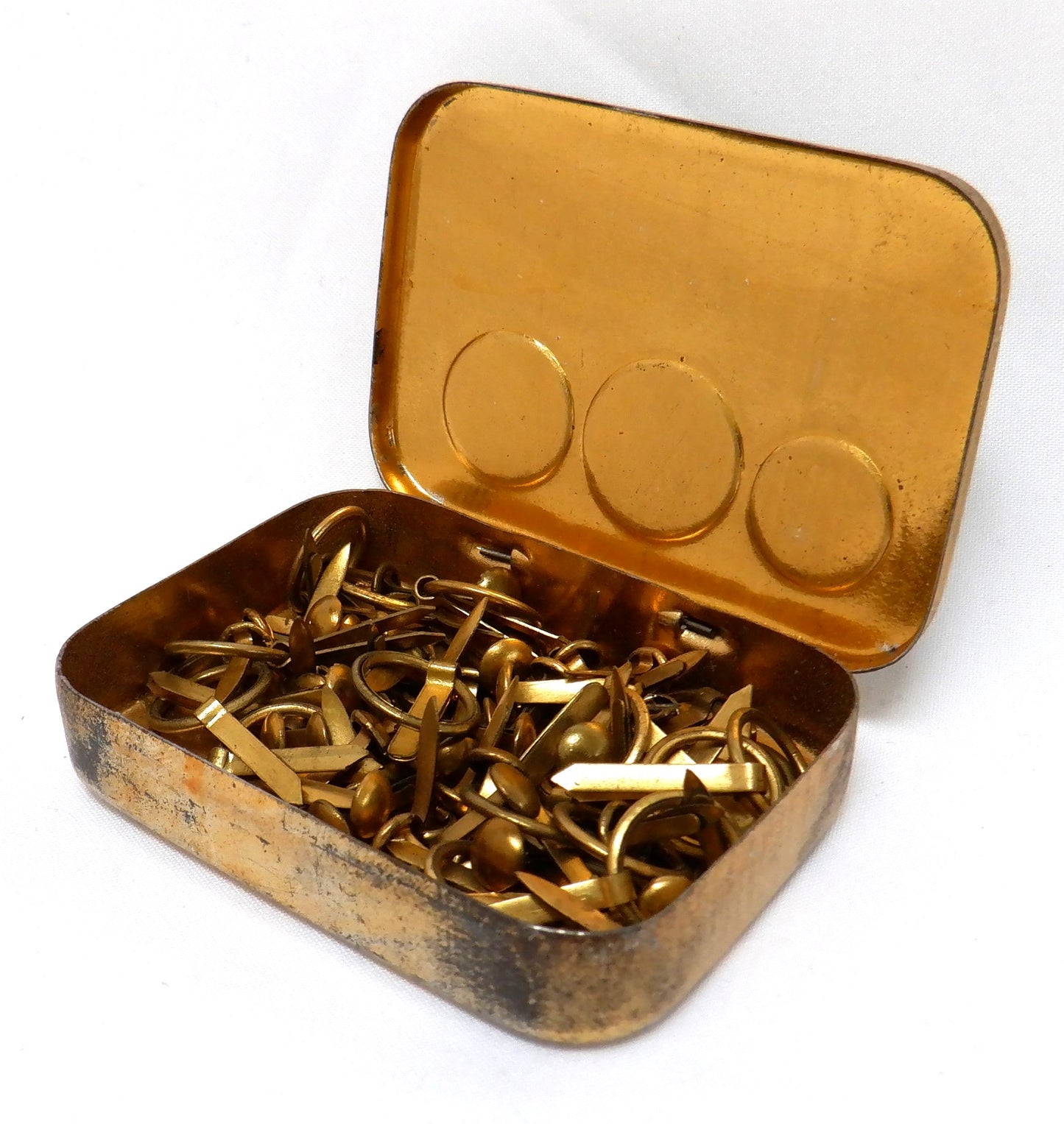 Antique Tin Container: 'The Dwarf Series', SELF PIERCER PAPER FASTENERS, with original contents!