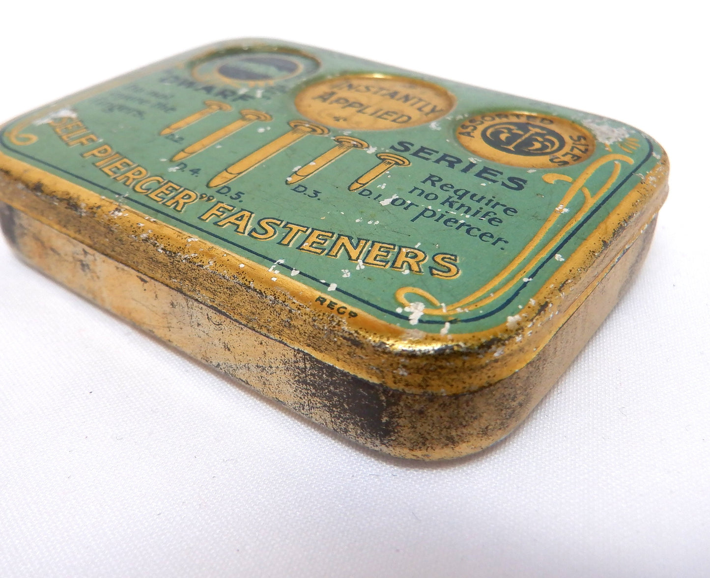 Antique Tin Container: 'The Dwarf Series', SELF PIERCER PAPER FASTENERS, with original contents!
