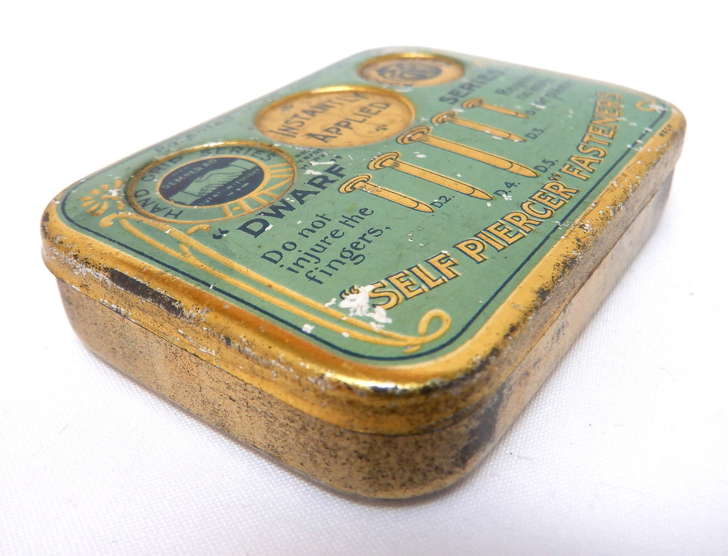 Antique Tin Container: 'The Dwarf Series', SELF PIERCER PAPER FASTENERS, with original contents!
