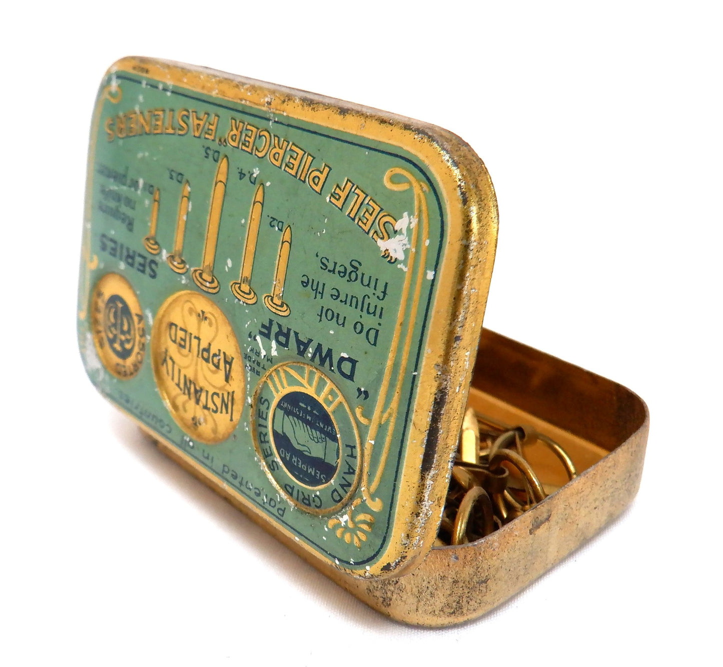 Antique Tin Container: 'The Dwarf Series', SELF PIERCER PAPER FASTENERS, with original contents!