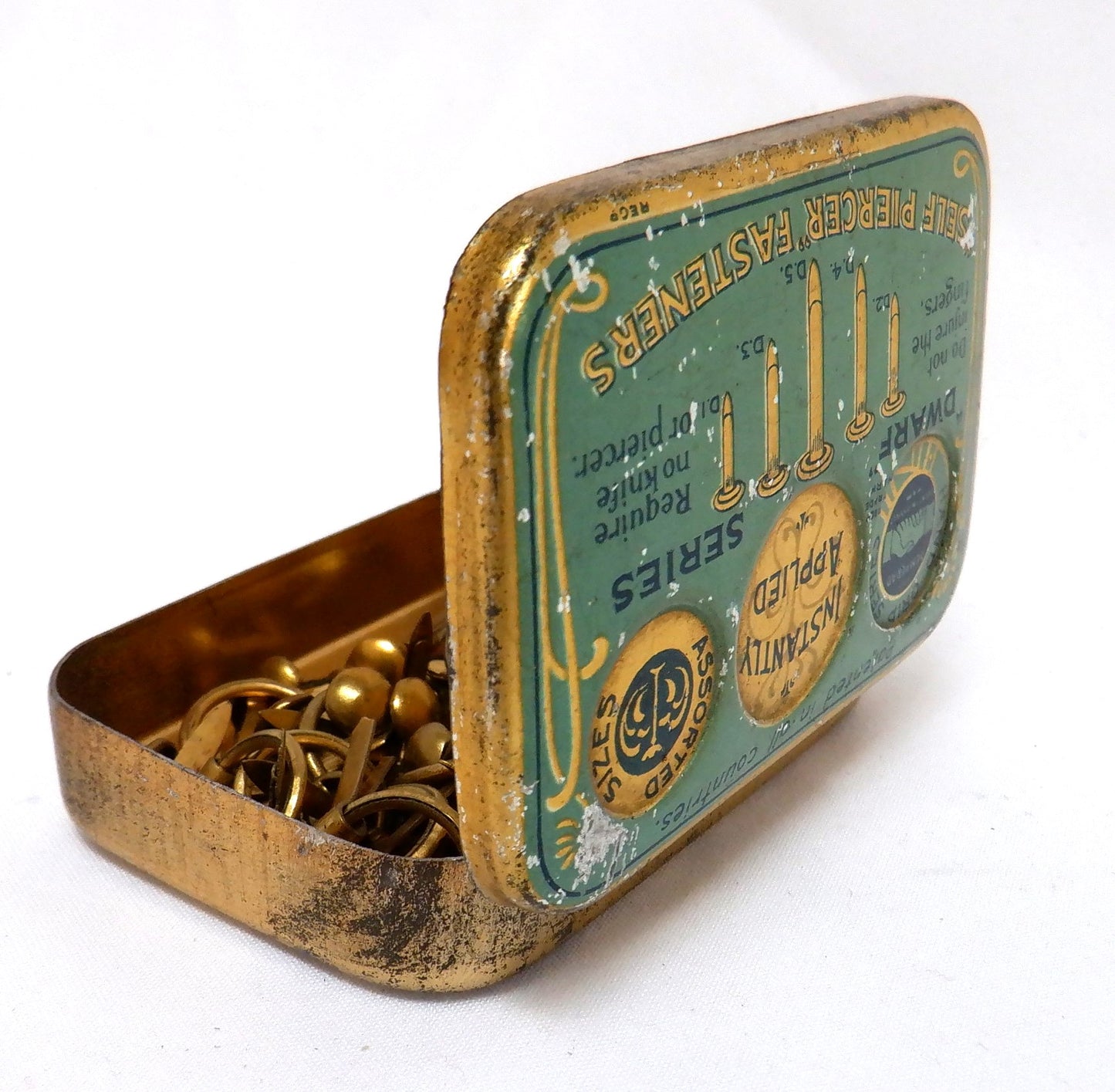 Antique Tin Container: 'The Dwarf Series', SELF PIERCER PAPER FASTENERS, with original contents!